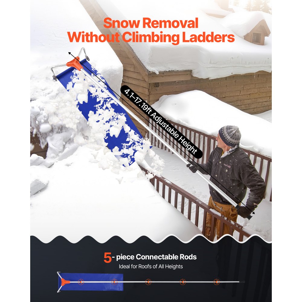 VEVOR Snow Roof Rake, 27cm Aluminum Blade, 1.25-5.24 m Adjustable Roof Snow Scraper with Wheels & Slide, Lightweight Snows Removal Tool for House Rooftop Leaves Debris Clearing