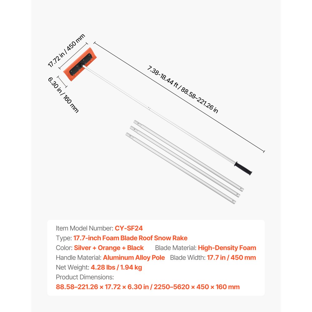 VEVOR Snow Roof Rake, 45cm Foam Blade, 2.25-5.62 m Adjustable Roof Snow Scraper, Extension Tubes & Non-Slip Handle, Lightweight Snows Removal Tool for House Leaves Debris Clearing