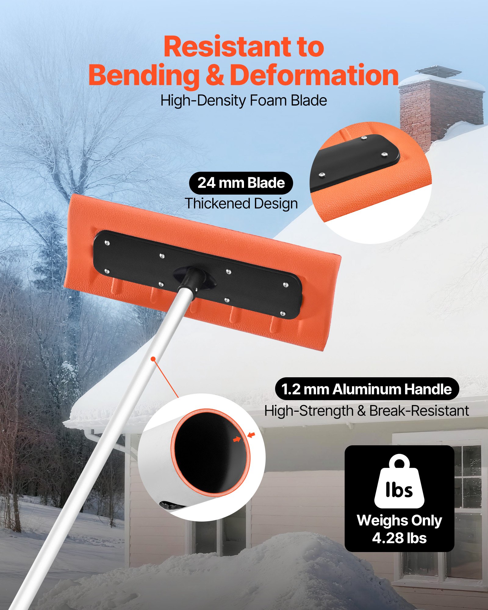 VEVOR Snow Roof Rake, 45cm Foam Blade, 2.25-5.62 m Adjustable Roof Snow Scraper, Extension Tubes & Non-Slip Handle, Lightweight Snows Removal Tool for House Leaves Debris Clearing