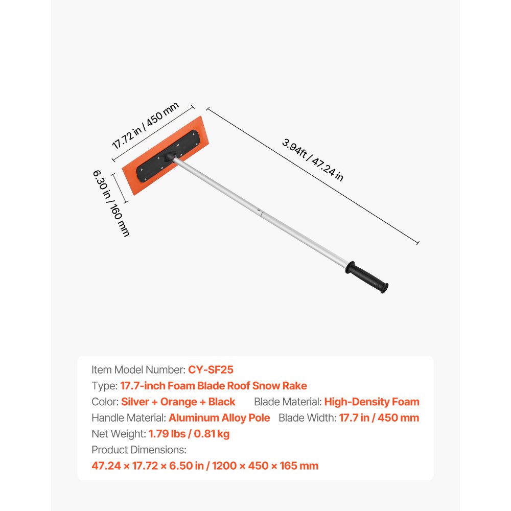 VEVOR Snow Roof Rake, 1.2m Long Reach Car Roof Snow Scraper, 45cm Foam Blade for No Scratches, Non-Slip Handle, Lightweight Snows Removal Tool for Vehicle Garage Rooftop Leaves Debris Clearing