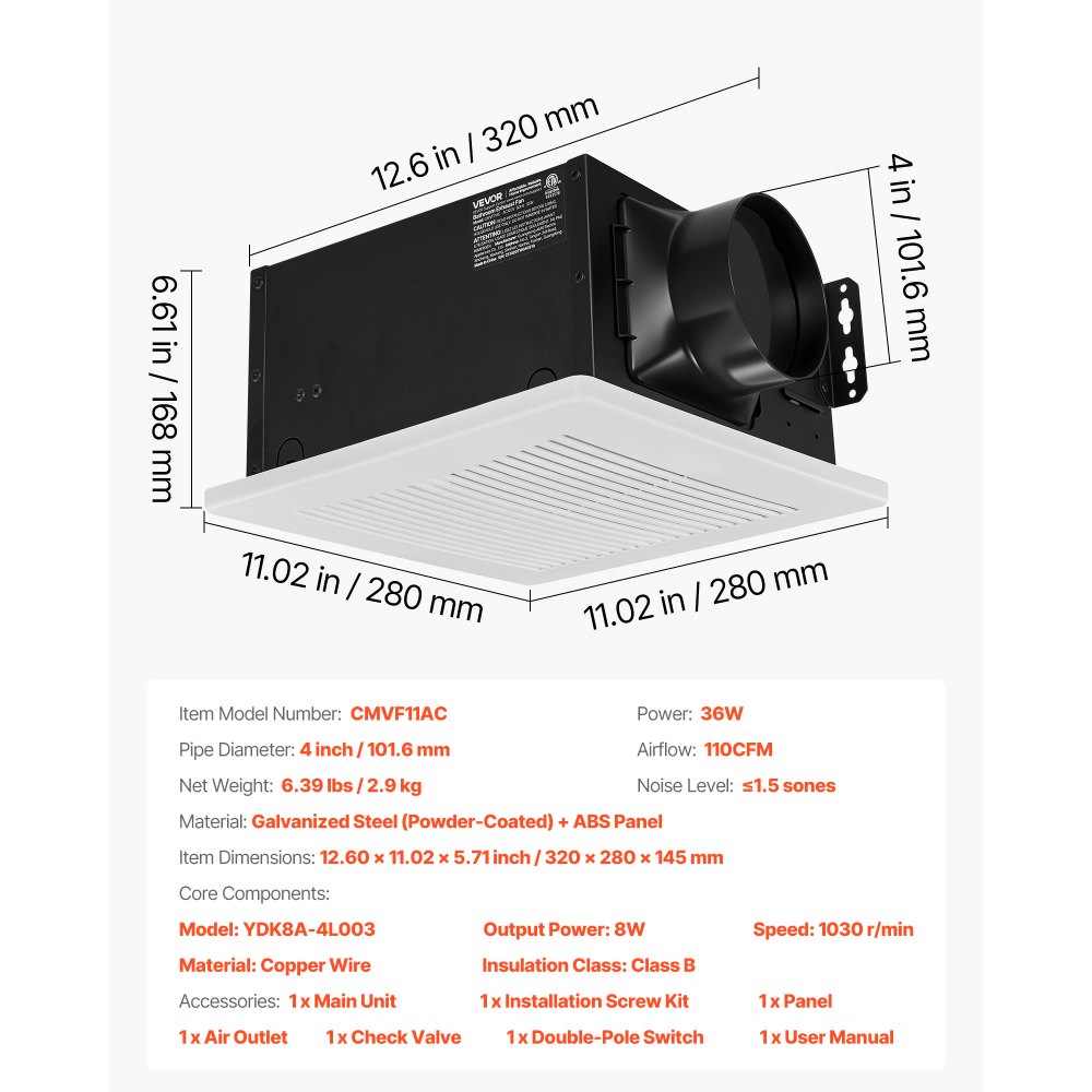 VEVOR Bathroom Exhaust Fan, 110 CFM Bathroom Vent, 1.5 Sones Low-Noise, Premium Motor Ceiling Fan, Standard 4-inch Duct Interface for Laundry Room, Storage Room, Home Ventilation, White