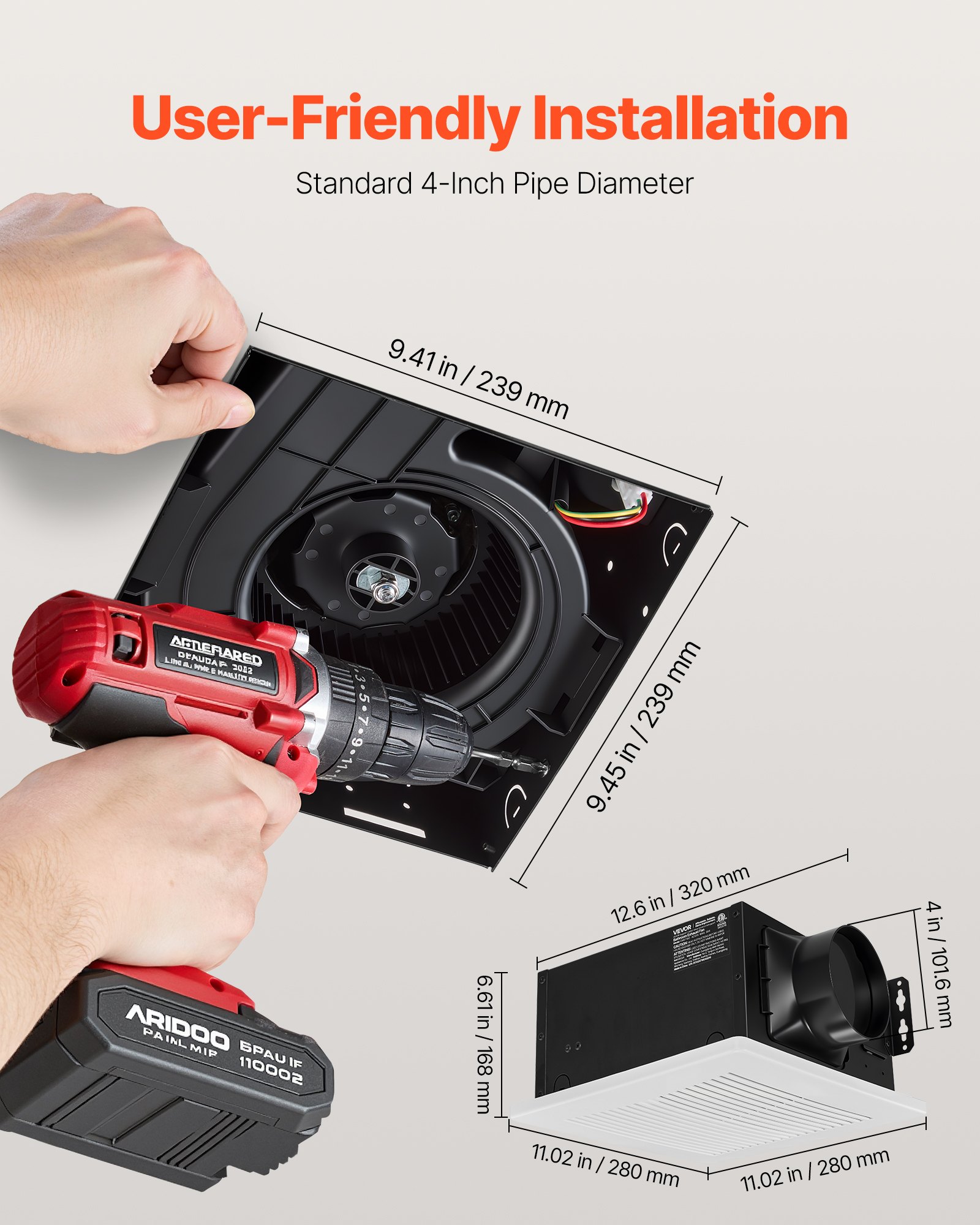 VEVOR Bathroom Exhaust Fan, 110 CFM Bathroom Vent, 1.5 Sones Low-Noise, Premium Motor Ceiling Fan, Standard 4-inch Duct Interface for Laundry Room, Storage Room, Home Ventilation, White