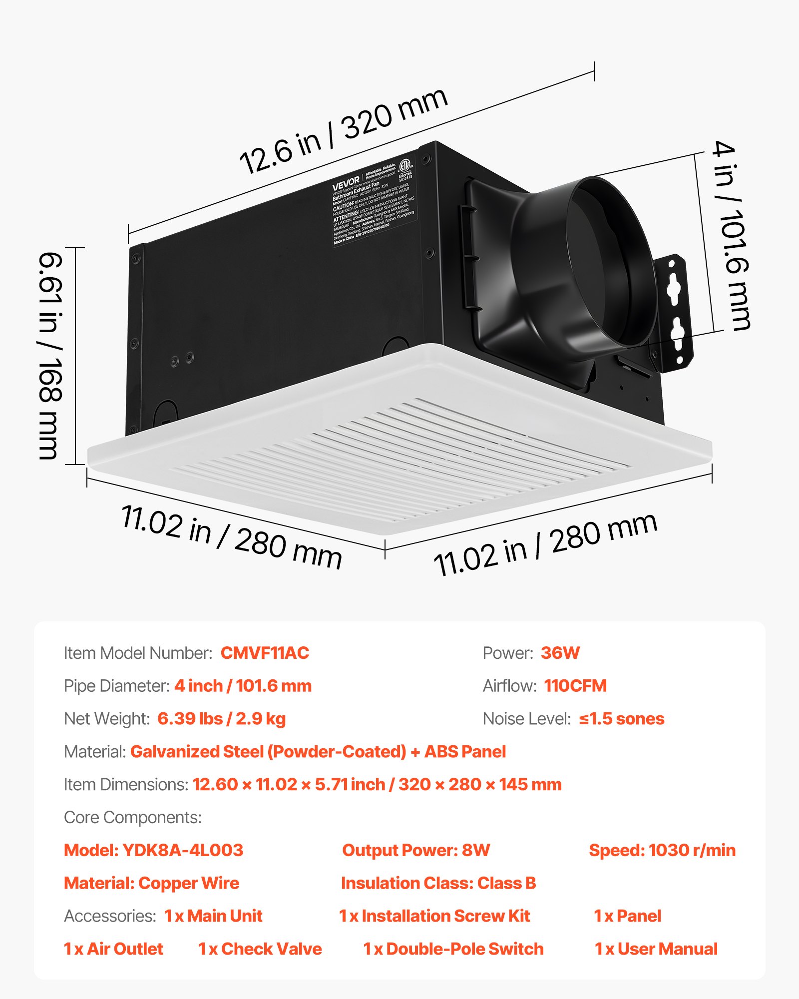 VEVOR Bathroom Exhaust Fan, 110 CFM Bathroom Vent, 1.5 Sones Low-Noise, Premium Motor Ceiling Fan, Standard 4-inch Duct Interface for Laundry Room, Storage Room, Home Ventilation, White