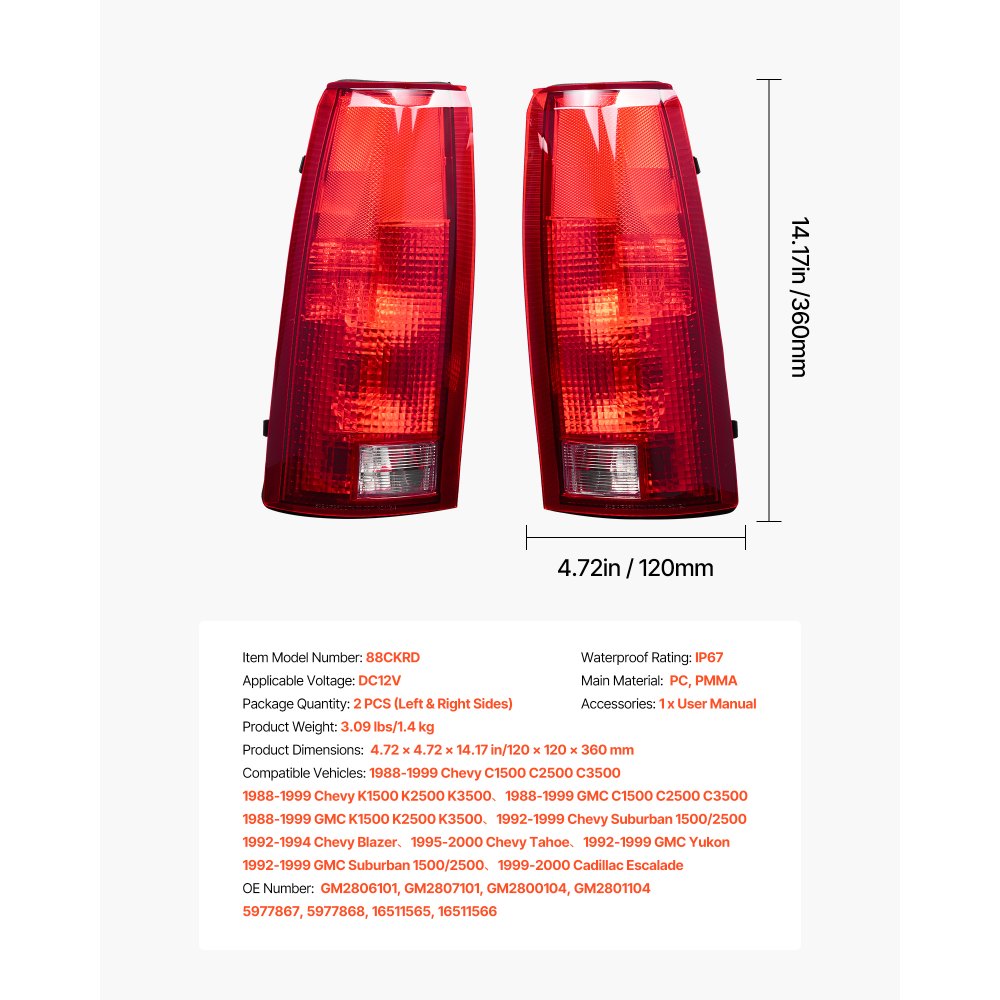 VEVOR Tail Light Assembly Compatible with 1988-1999 Chevy/GMC C/K 1500 2500 3500, 1992-1999 Chevy/GMC Suburban 1500/2500, 2PCS Left & Right Side Taillight Rear Brake Lamps with Halogen Bulbs