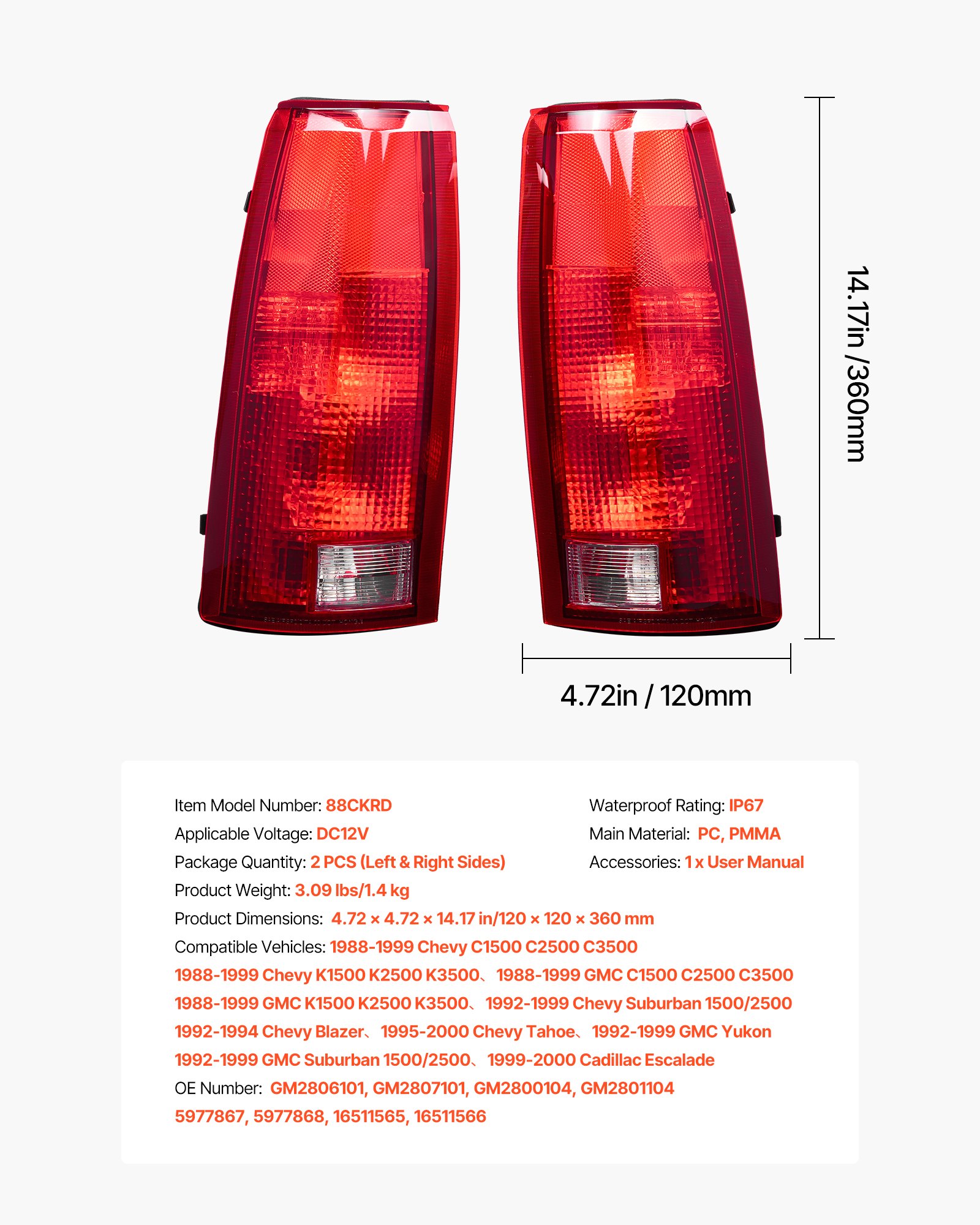 VEVOR Tail Light Assembly Compatible with 1988-1999 Chevy/GMC C/K 1500 2500 3500, 1992-1999 Chevy/GMC Suburban 1500/2500, 2PCS Left & Right Side Taillight Rear Brake Lamps with Halogen Bulbs