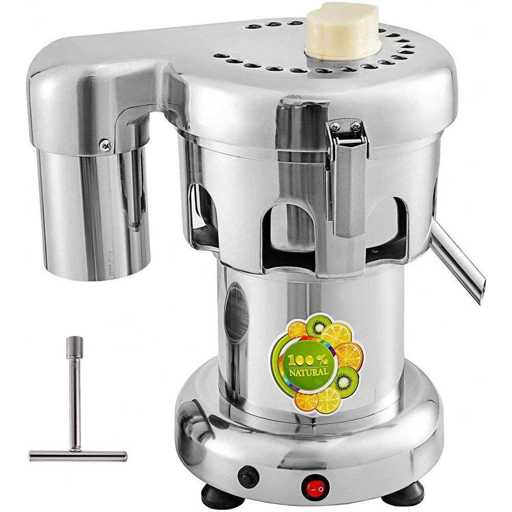 VEVOR commercial juice extractor with stainless steel design and juice container.