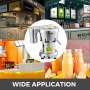 VEVOR commercial juice extractor with vibrant juice bar backgrounds and fresh juices.