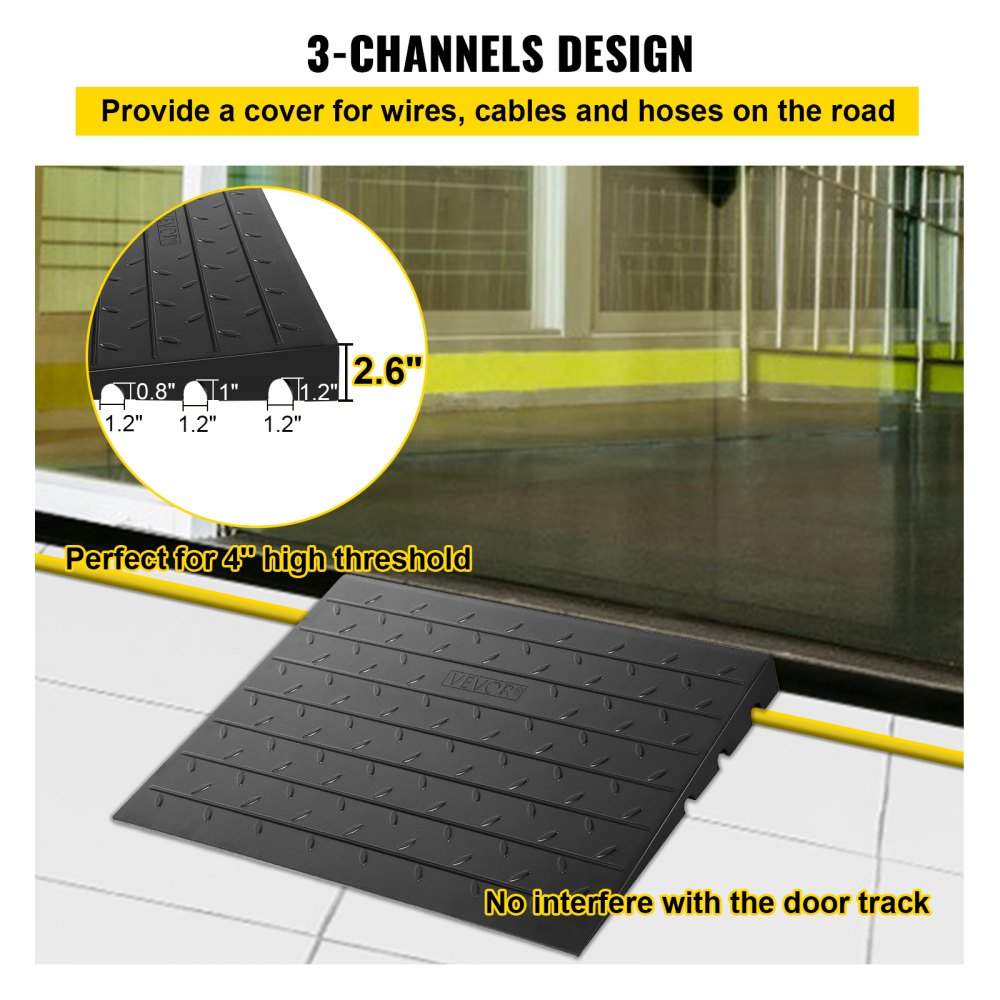 VEVOR Rubber Threshold Ramp, 2.6\" Rise Threshold Ramp Doorway, 3 Channels Cord Cover Rubber Solid Threshold Ramp, Rubber Angled Entry Rated 2202 Lbs Load Capacity for Wheelchair and Scooter