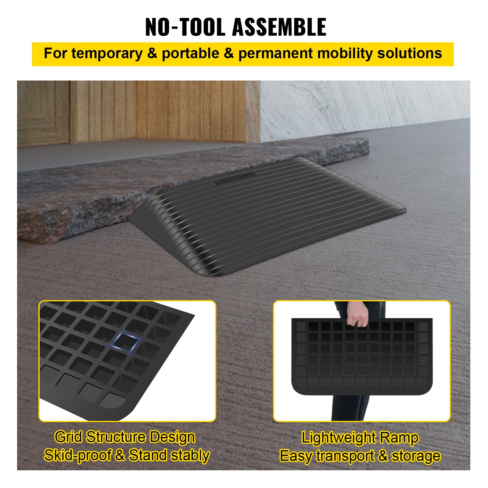 VEVOR Rubber Threshold Ramp, 3.5" Rise Threshold Ramp Doorway, Recycled Rubber Threshold Power Ramp Rated 2200Lbs Load Capacity, Non-Slip Surface Rubber Solid Threshold Ramp for Wheelchair and Scooter