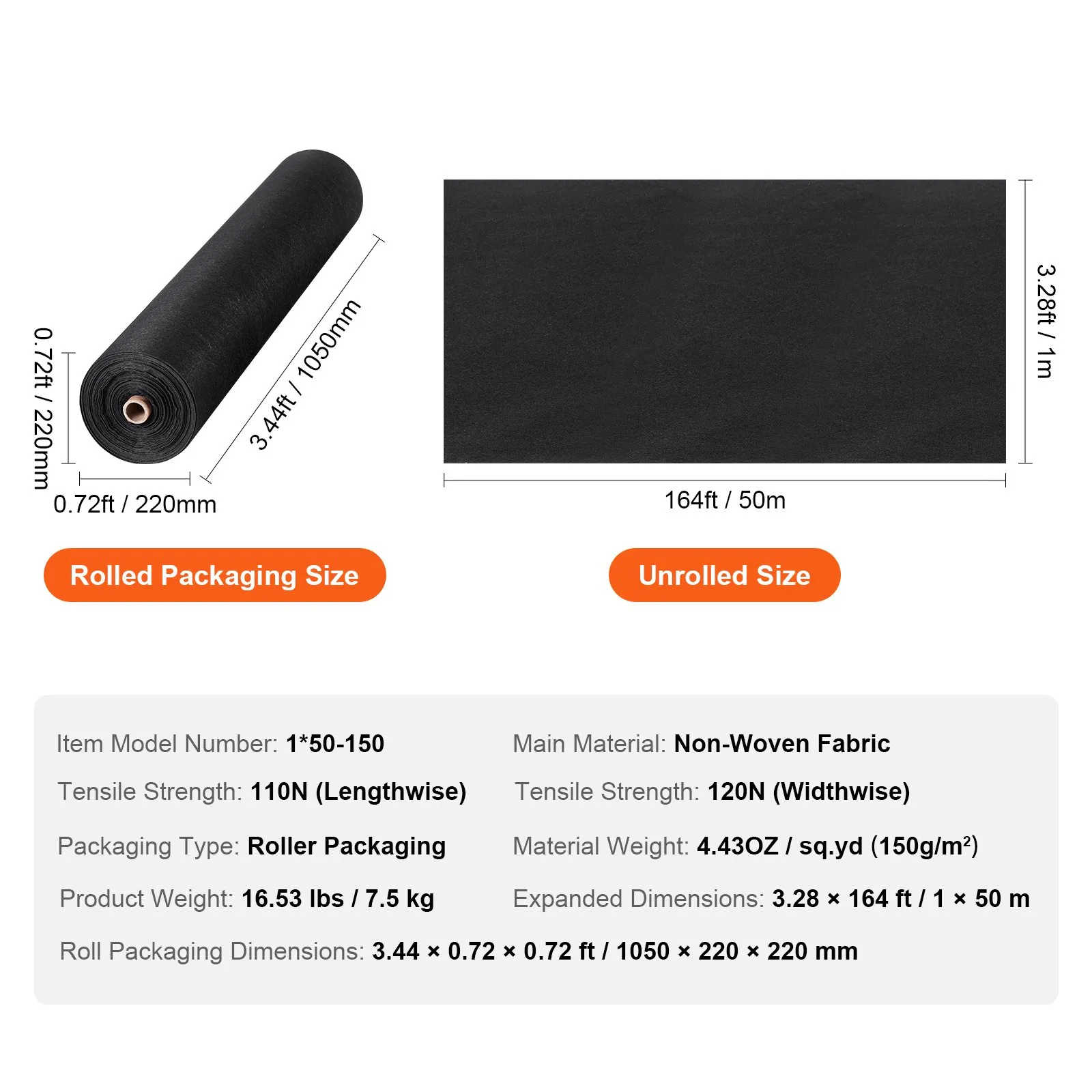 VEVOR Driveway Fabric, 3.28x164FT Non Woven Geotextile Fabric for Landscaping, Heavy Duty Garden Weed Barrier Fabric, 4.43OZ Landscape Fabric, French Drains Drainage Fabric, Ground Cover Weed Control