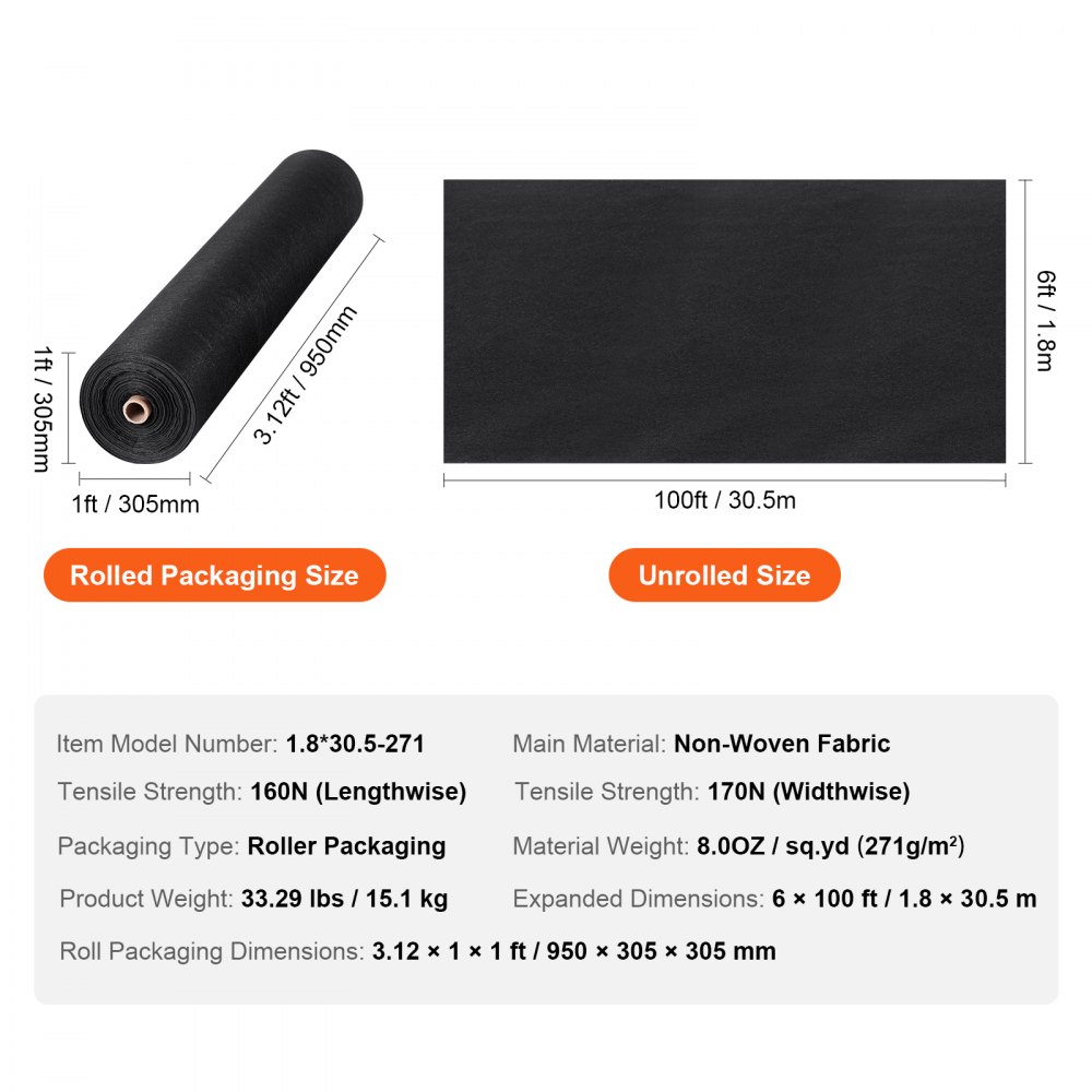 VEVOR geotextile fabric dimensions: rolled 3.12ft x 1ft, unrolled 100ft x 6ft. non-woven fabric, 8.00 oz/yd².