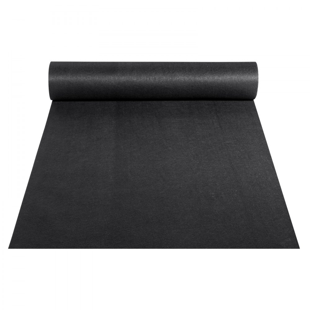 black roll of VEVOR geotextile fabric unrolled, showcasing smooth texture.