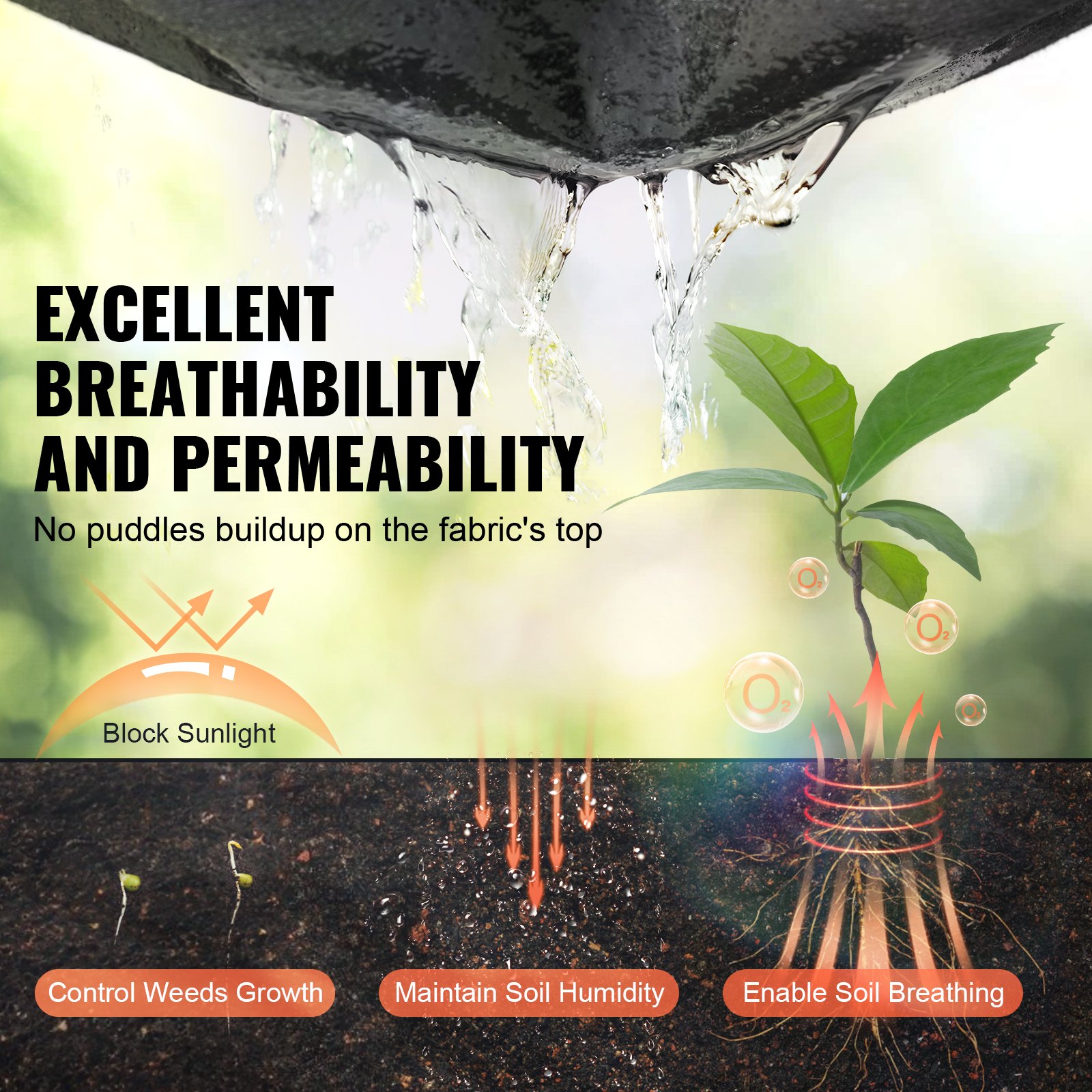 VEVOR geotextile fabric: excellent breathability and permeability, prevents puddles, blocks sunlight, promotes plant growth.