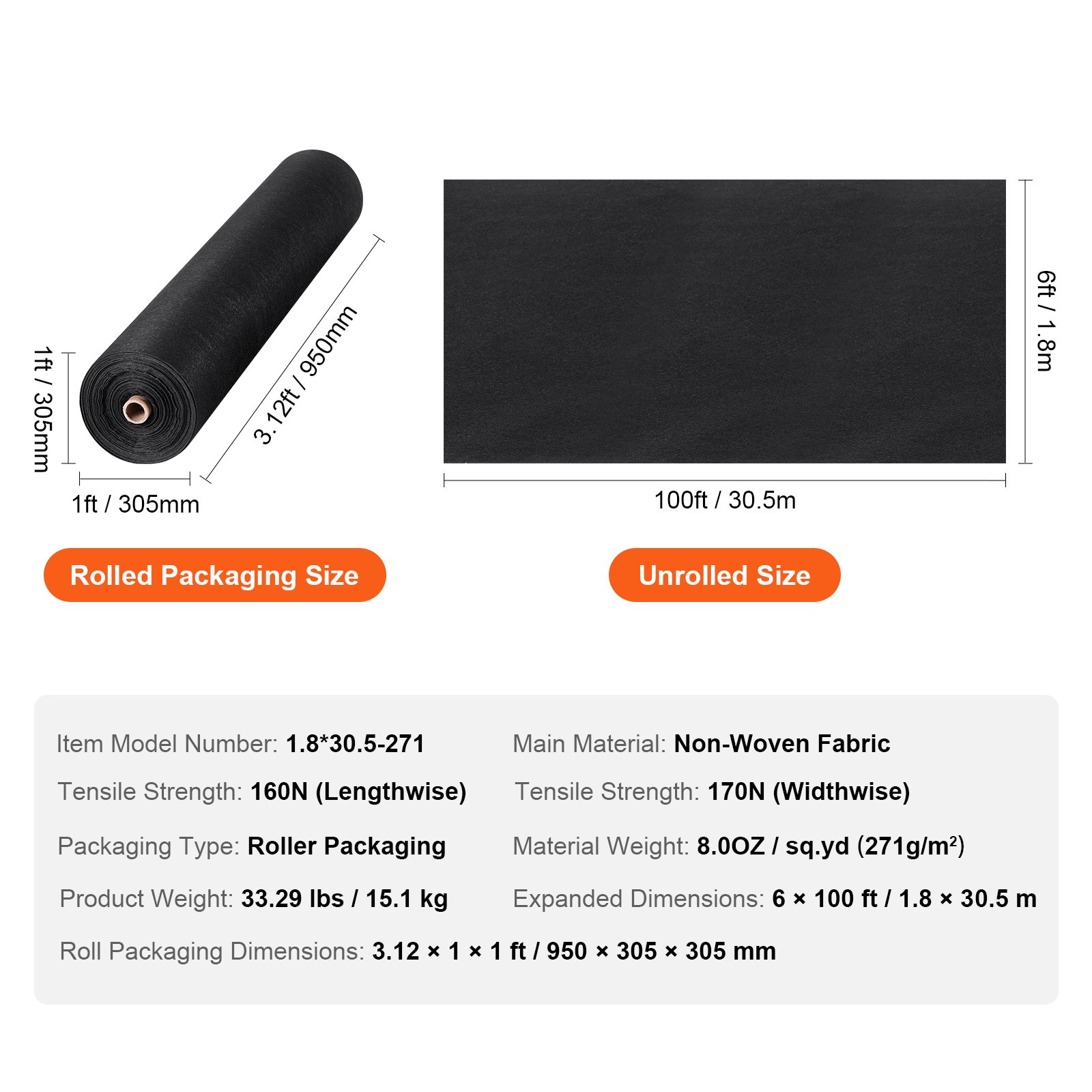 VEVOR geotextile fabric dimensions: rolled 3.12ft x 1ft, unrolled 100ft x 6ft. non-woven fabric, 8.00 oz/yd².