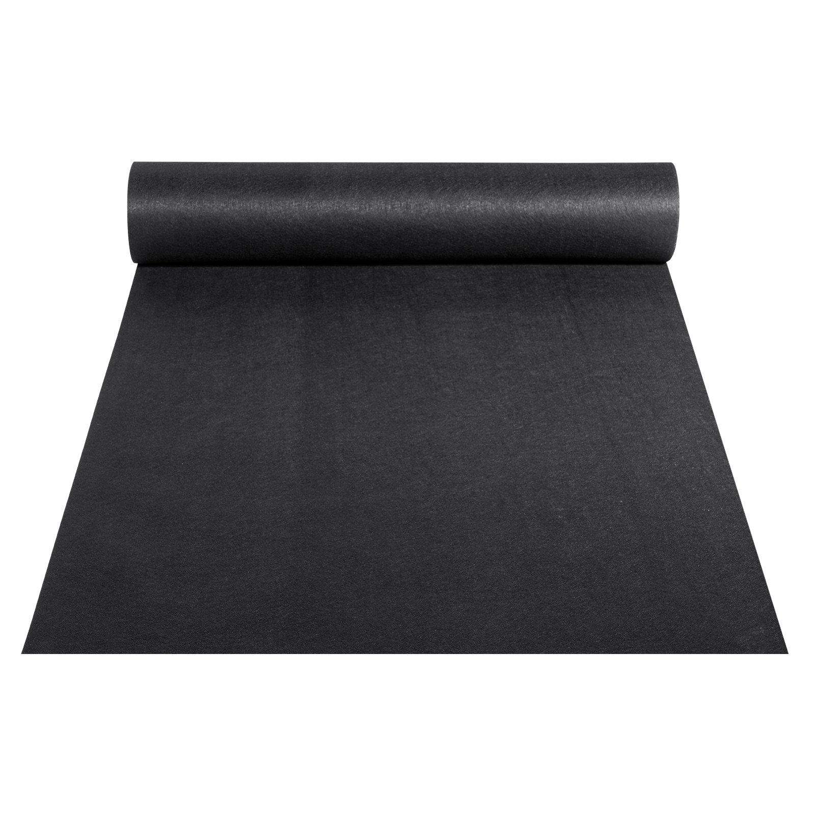 black roll of VEVOR geotextile fabric unrolled, showcasing smooth texture.