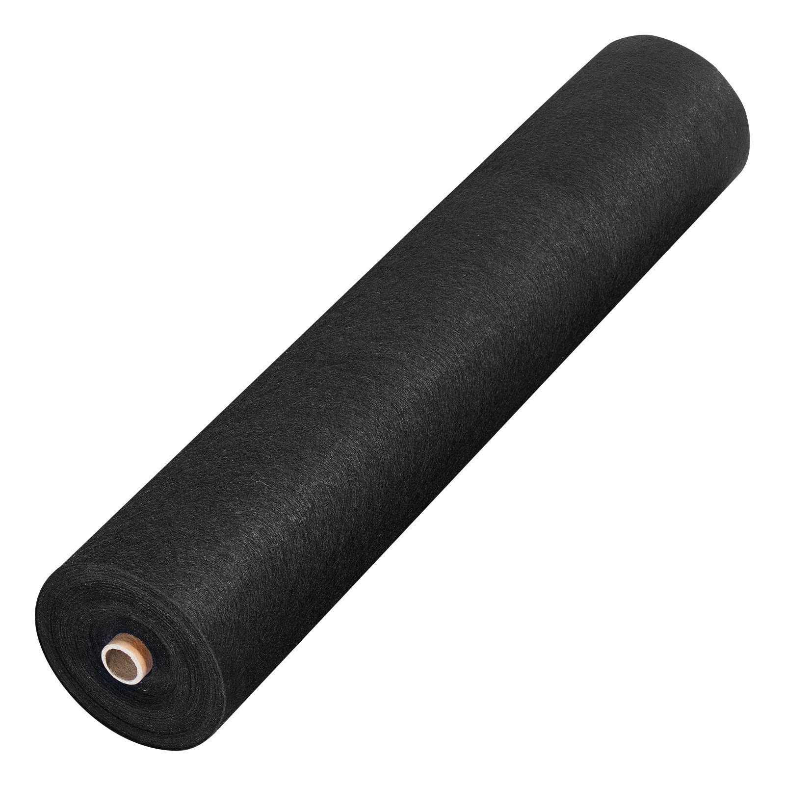 roll of black VEVOR geotextile fabric, perspective view with white background.