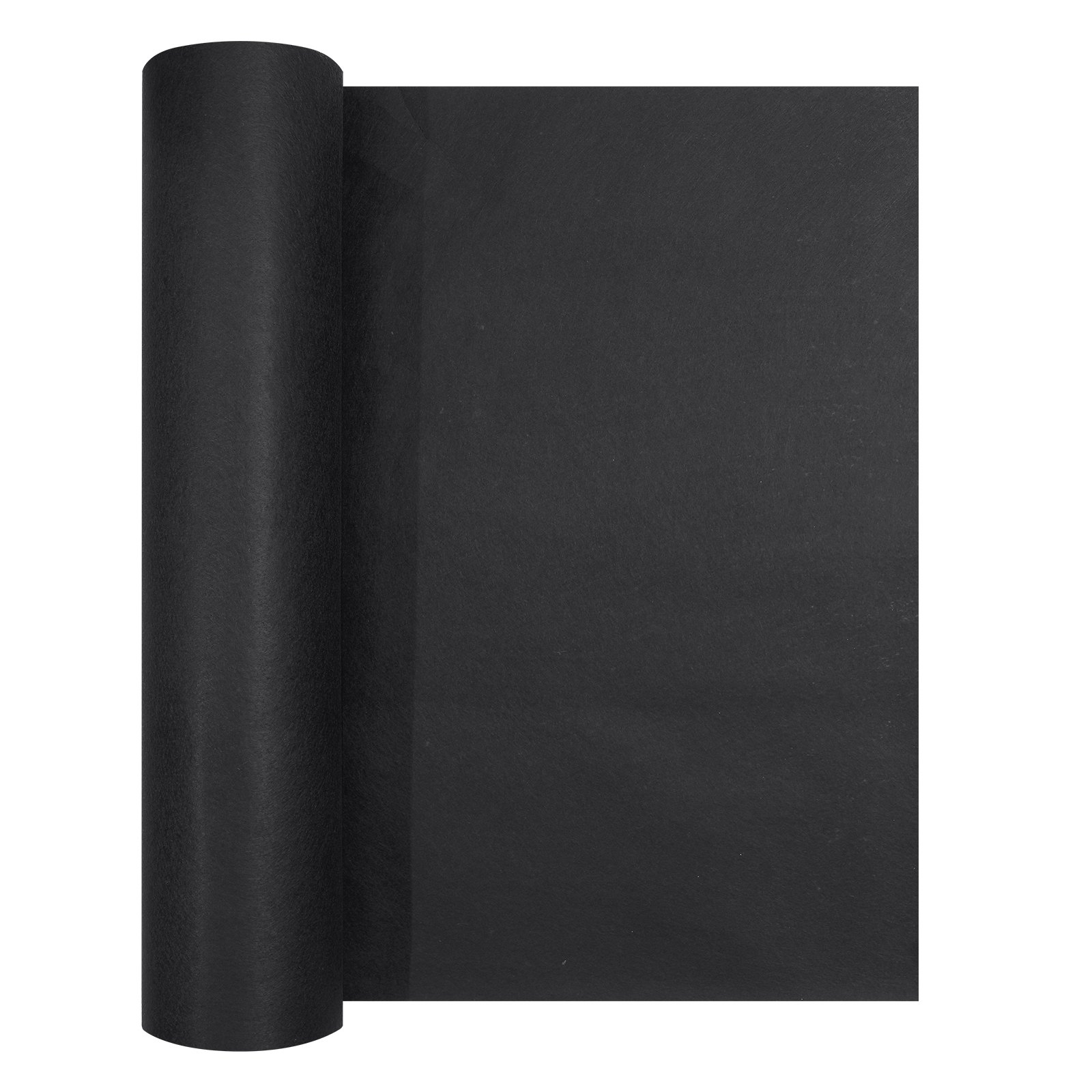 black roll of durable VEVOR geotextile fabric on a white background.
