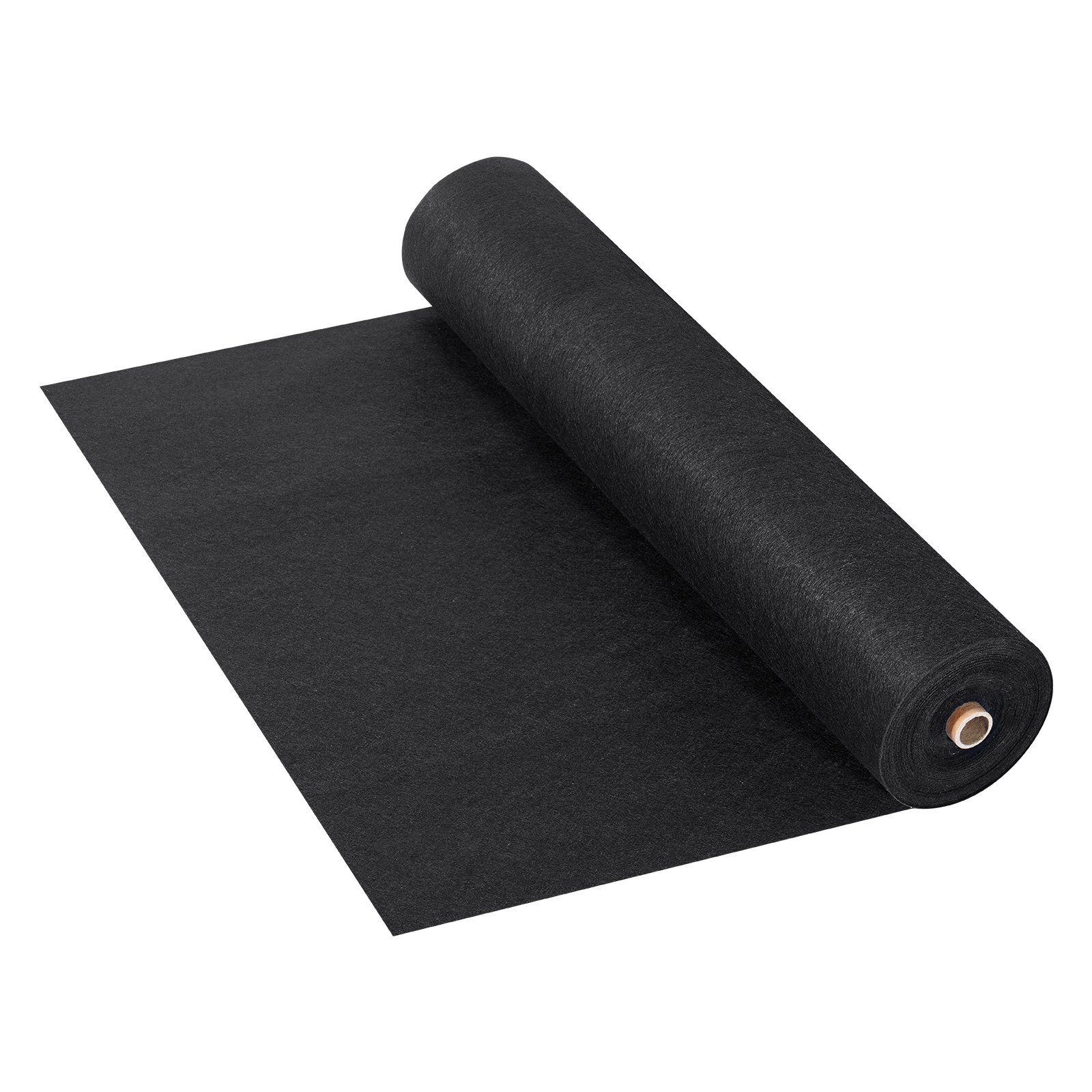 roll of black VEVOR geotextile fabric, partially unrolled on a white background.
