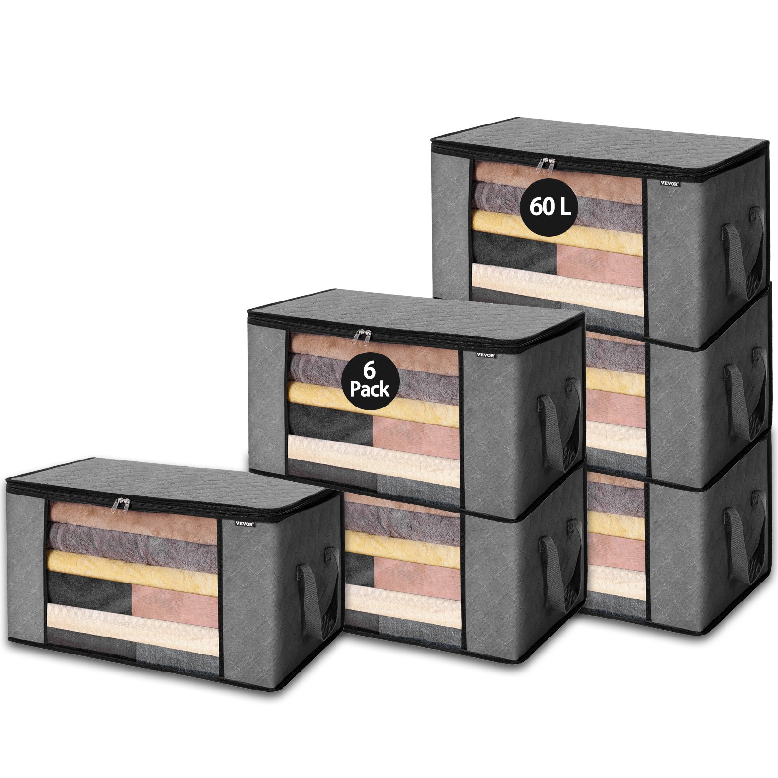 VEVOR 60L Large Storage Bags, 6 Pack Clothes Storage Bin, Foldable Closet Organizers Containers with Handle, Nov-woven Fabric Storage Bag for Clothing, Blanket, Comforter, Bed Sheet, Pillow(Grey)