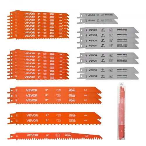 VEVOR Reciprocating Saw Blades, 32-Piece, Various Sizes Bi-Metal Reciprocating Saw Blade Set with Universal Shank, for Metal and Wood Cutting, Sharp Teeth for Fast and Smooth Cuts, Orange and Gray