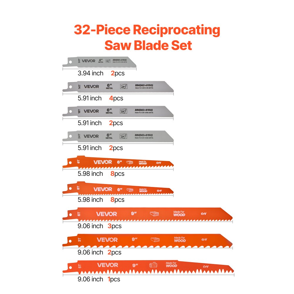 VEVOR Reciprocating Saw Blades, 32-Piece, Various Sizes Bi-Metal Reciprocating Saw Blade Set with Universal Shank, for Metal and Wood Cutting, Sharp Teeth for Fast and Smooth Cuts, Orange and Gray