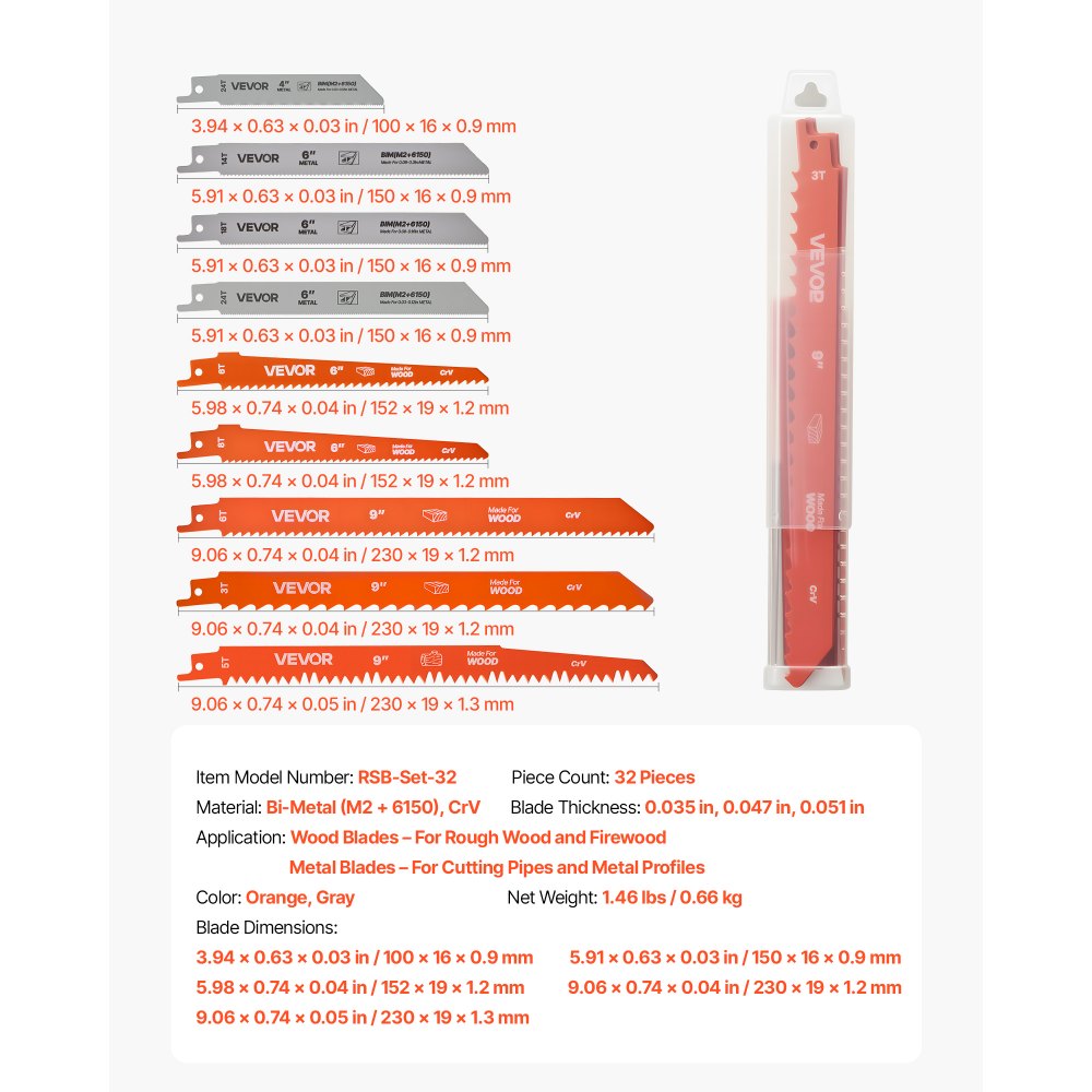 VEVOR Reciprocating Saw Blades, 32-Piece, Various Sizes Bi-Metal Reciprocating Saw Blade Set with Universal Shank, for Metal and Wood Cutting, Sharp Teeth for Fast and Smooth Cuts, Orange and Gray