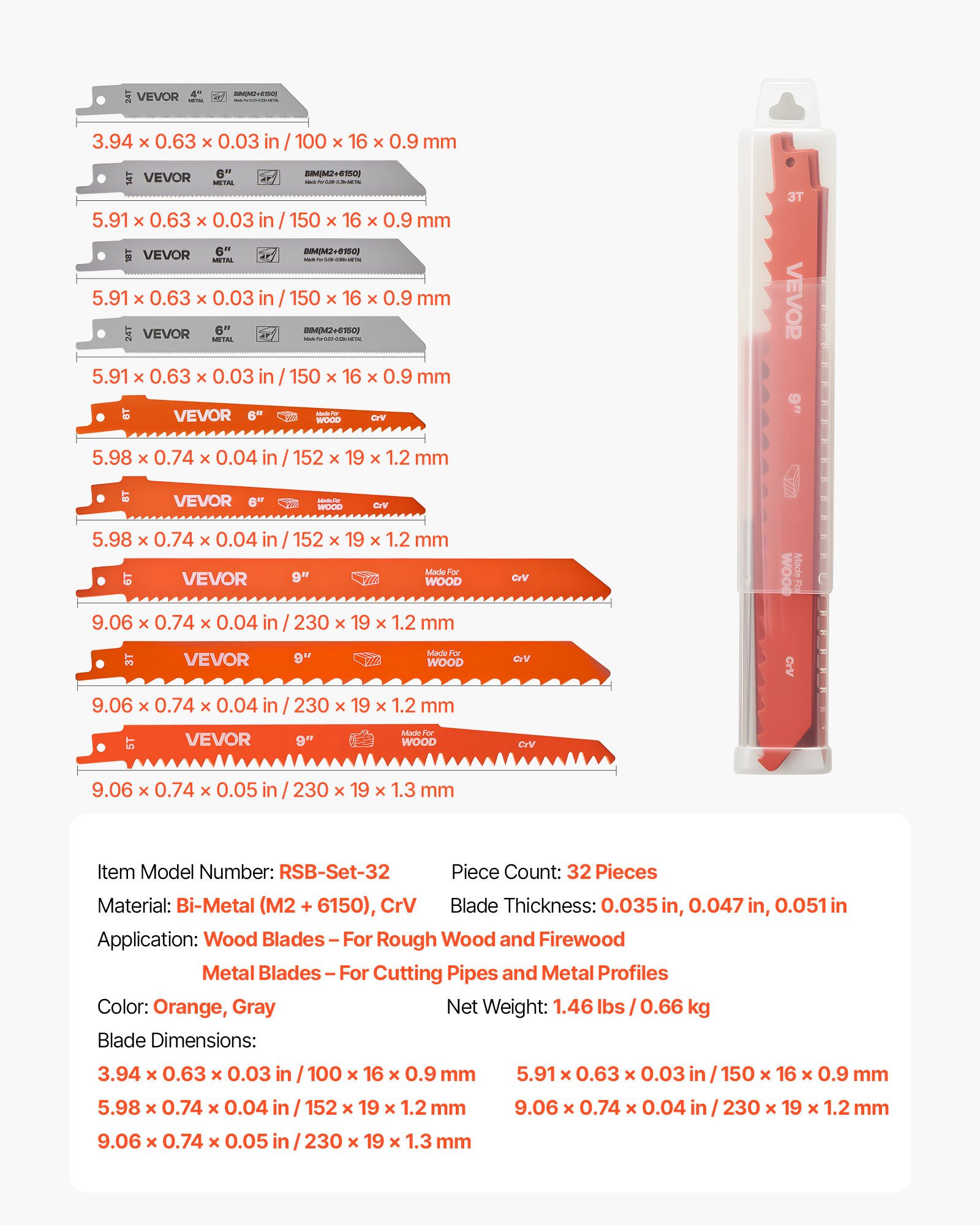 VEVOR Reciprocating Saw Blades, 32-Piece, Various Sizes Bi-Metal Reciprocating Saw Blade Set with Universal Shank, for Metal and Wood Cutting, Sharp Teeth for Fast and Smooth Cuts, Orange and Gray