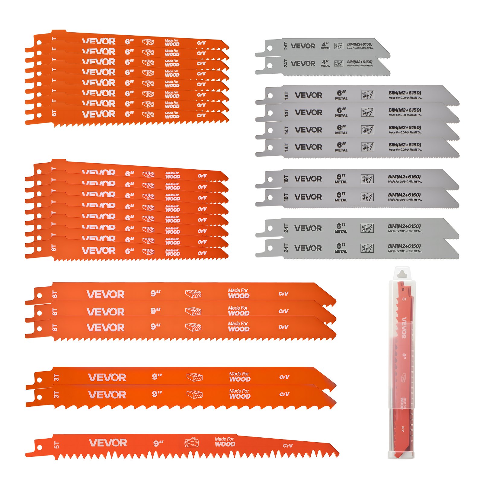 VEVOR Reciprocating Saw Blades, 32-Piece, Various Sizes Bi-Metal Reciprocating Saw Blade Set with Universal Shank, for Metal and Wood Cutting, Sharp Teeth for Fast and Smooth Cuts, Orange and Gray