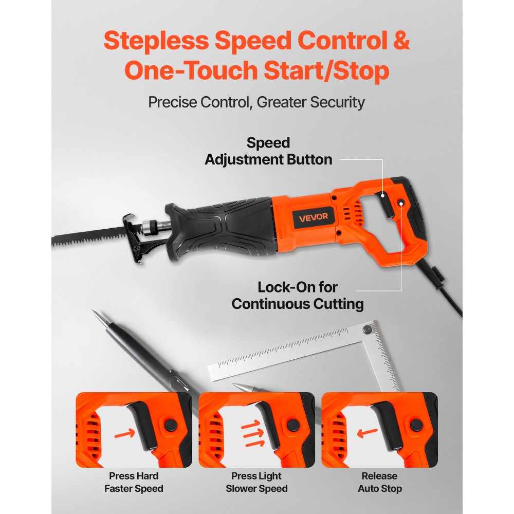 VEVOR Corded Reciprocating Saw, 120 Volt 7.5 Amp, 2800 SPM Variable Speed, 1-1/8 inch Stroke Length, Electric Reciprocating Saw with 8 Blades and Carrying Bag, for Wood, Metal, and Plastic Cutting
