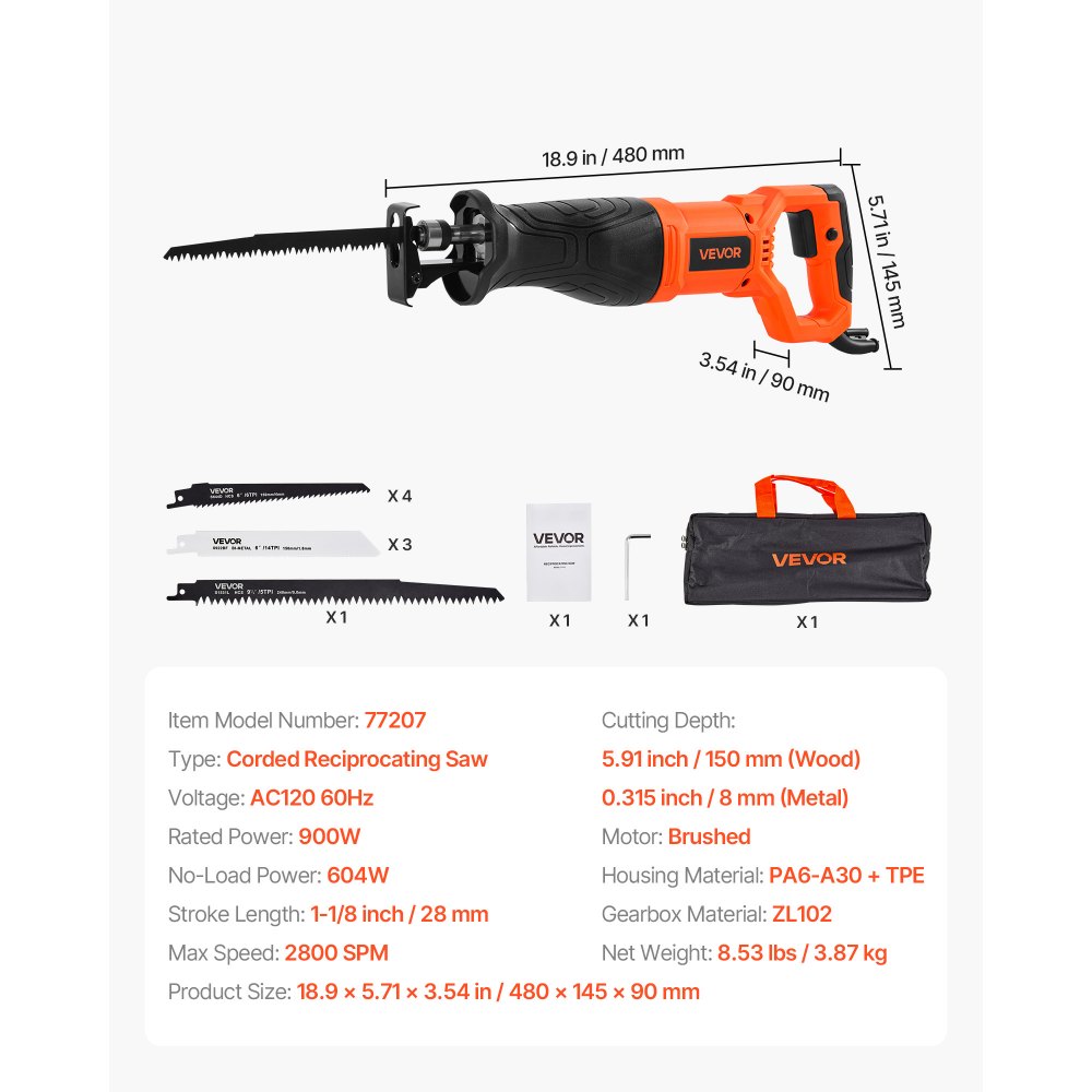 VEVOR Corded Reciprocating Saw, 120 Volt 7.5 Amp, 2800 SPM Variable Speed, 1-1/8 inch Stroke Length, Electric Reciprocating Saw with 8 Blades and Carrying Bag, for Wood, Metal, and Plastic Cutting