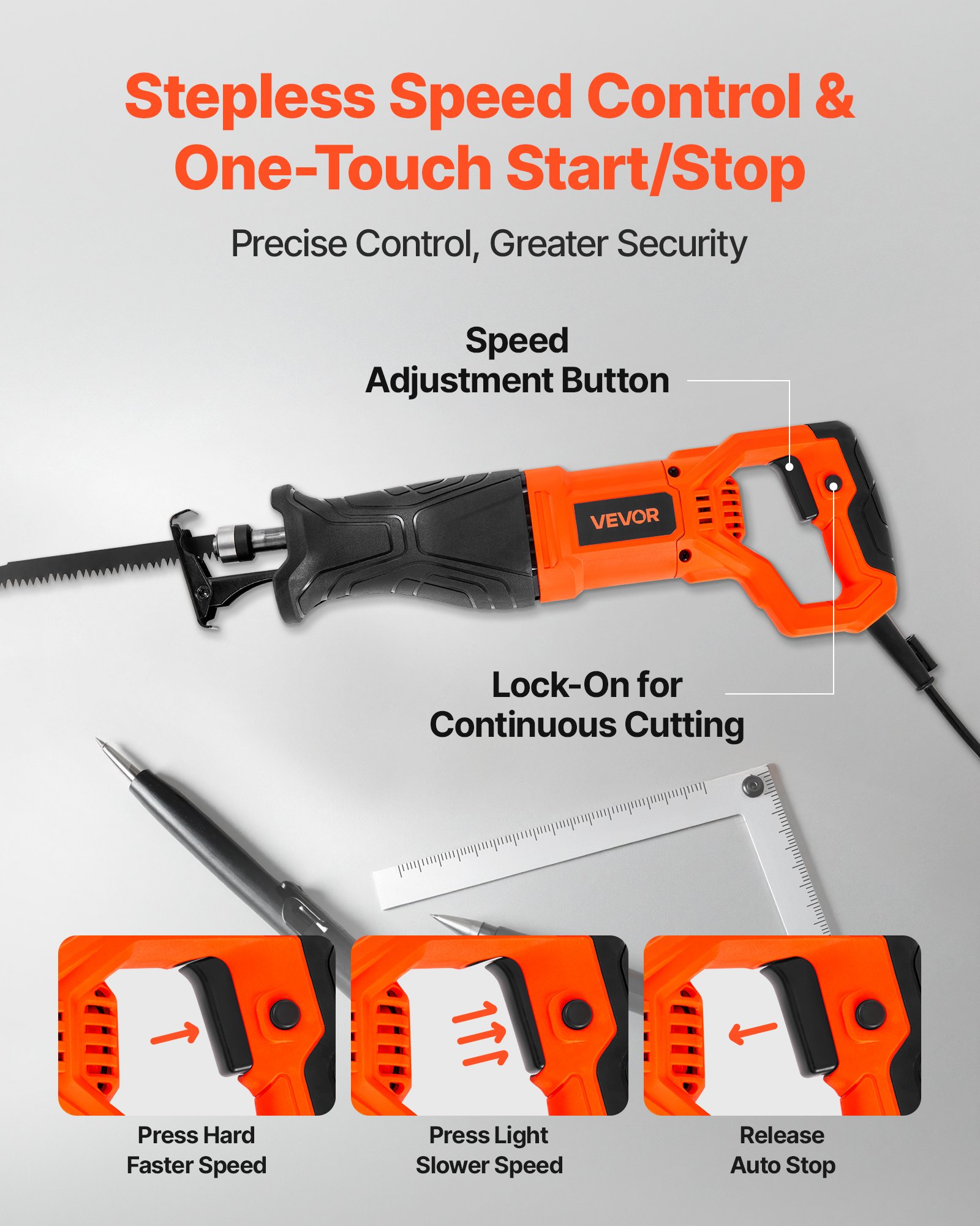 VEVOR Corded Reciprocating Saw, 120 Volt 7.5 Amp, 2800 SPM Variable Speed, 1-1/8 inch Stroke Length, Electric Reciprocating Saw with 8 Blades and Carrying Bag, for Wood, Metal, and Plastic Cutting