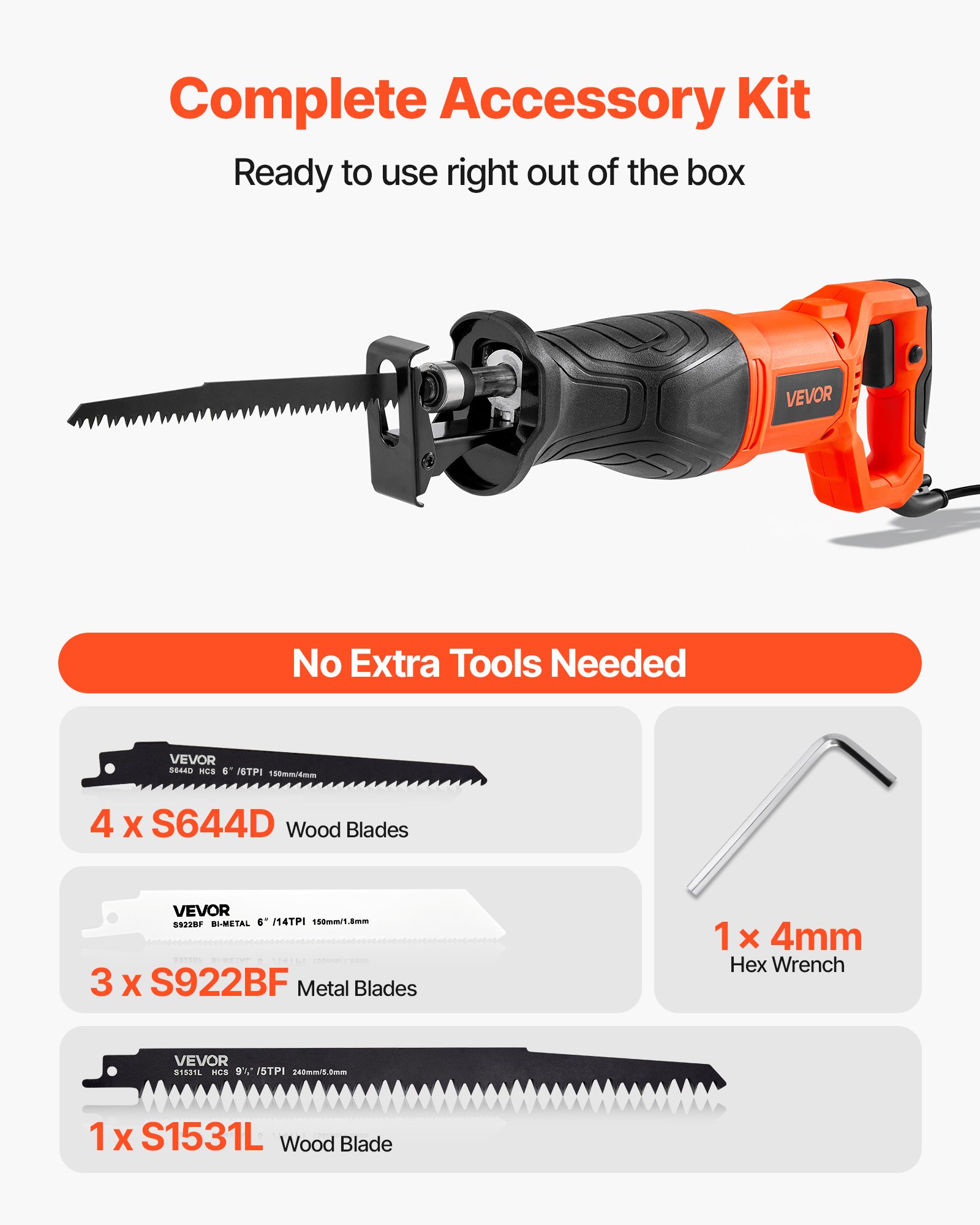 VEVOR Corded Reciprocating Saw, 120 Volt 7.5 Amp, 2800 SPM Variable Speed, 1-1/8 inch Stroke Length, Electric Reciprocating Saw with 8 Blades and Carrying Bag, for Wood, Metal, and Plastic Cutting