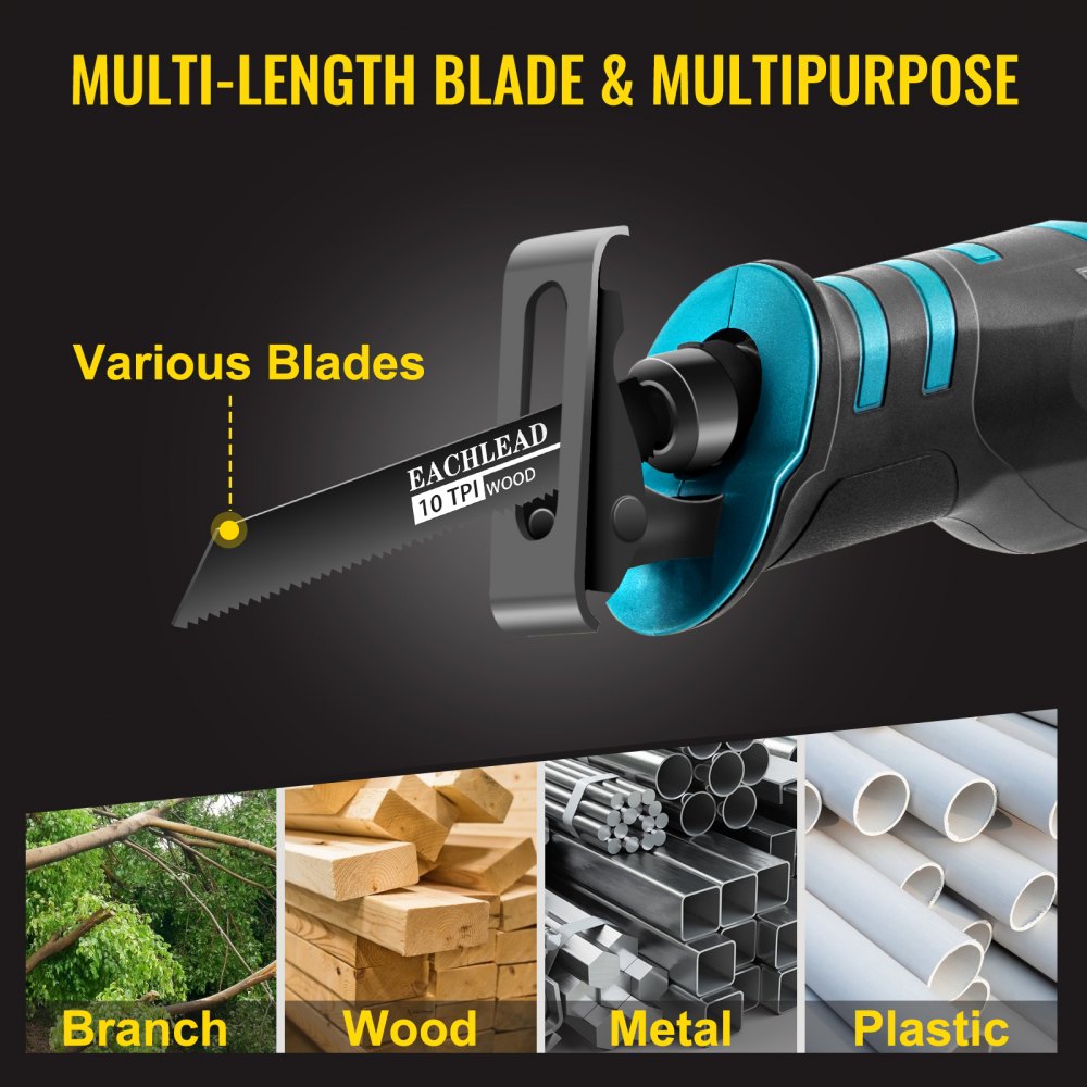 VEVOR Cordless Reciprocating Saw, 18V Max Reciprocating Saw, 1 Battery Brushless Reciprocating Saw Kit, Powerful Variable Speed 180° Rotation Reciprocating Saw with 4 Blades for Wood & Metal Cutting