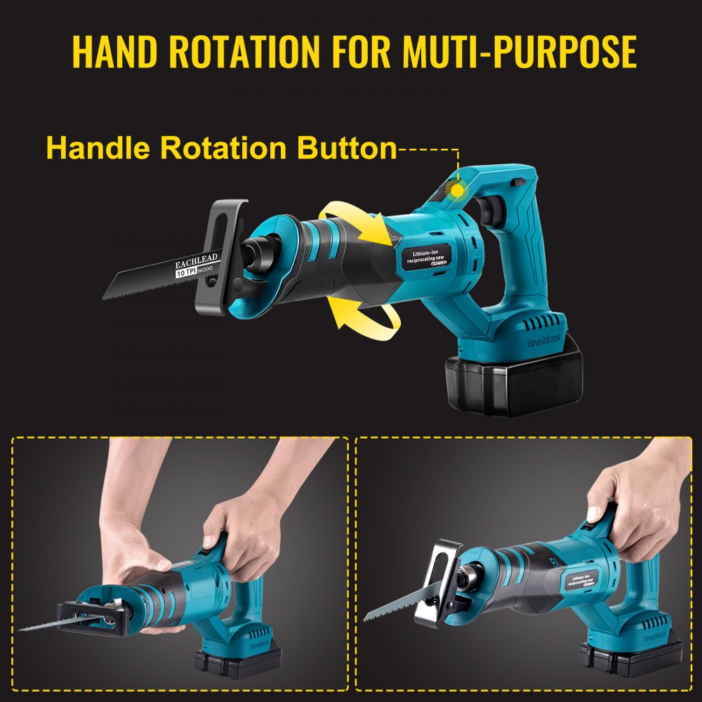 VEVOR Cordless Reciprocating Saw, 18V Max Reciprocating Saw, 1 Battery Brushless Reciprocating Saw Kit, Powerful Variable Speed 180° Rotation Reciprocating Saw with 4 Blades for Wood & Metal Cutting