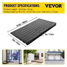 VEVOR Rubber Threshold Ramp, 3" Rise Threshold Ramp Doorway, 3 Channels Cord Cover Rubber Solid Threshold Ramp, Rubber Angled Entry Rated 2200 Lbs Load Capacity for Wheelchair and Scooter