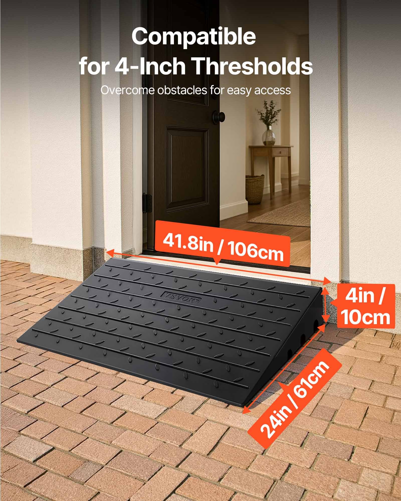 VEVOR Rubber Threshold Ramp, 4\" Rise Threshold Ramp Doorway, 3 Channels Cord Cover Rubber Solid Threshold Ramp, Rubber Angled Entry Rated 2200 Lbs Load Capacity for Wheelchair and Scooter