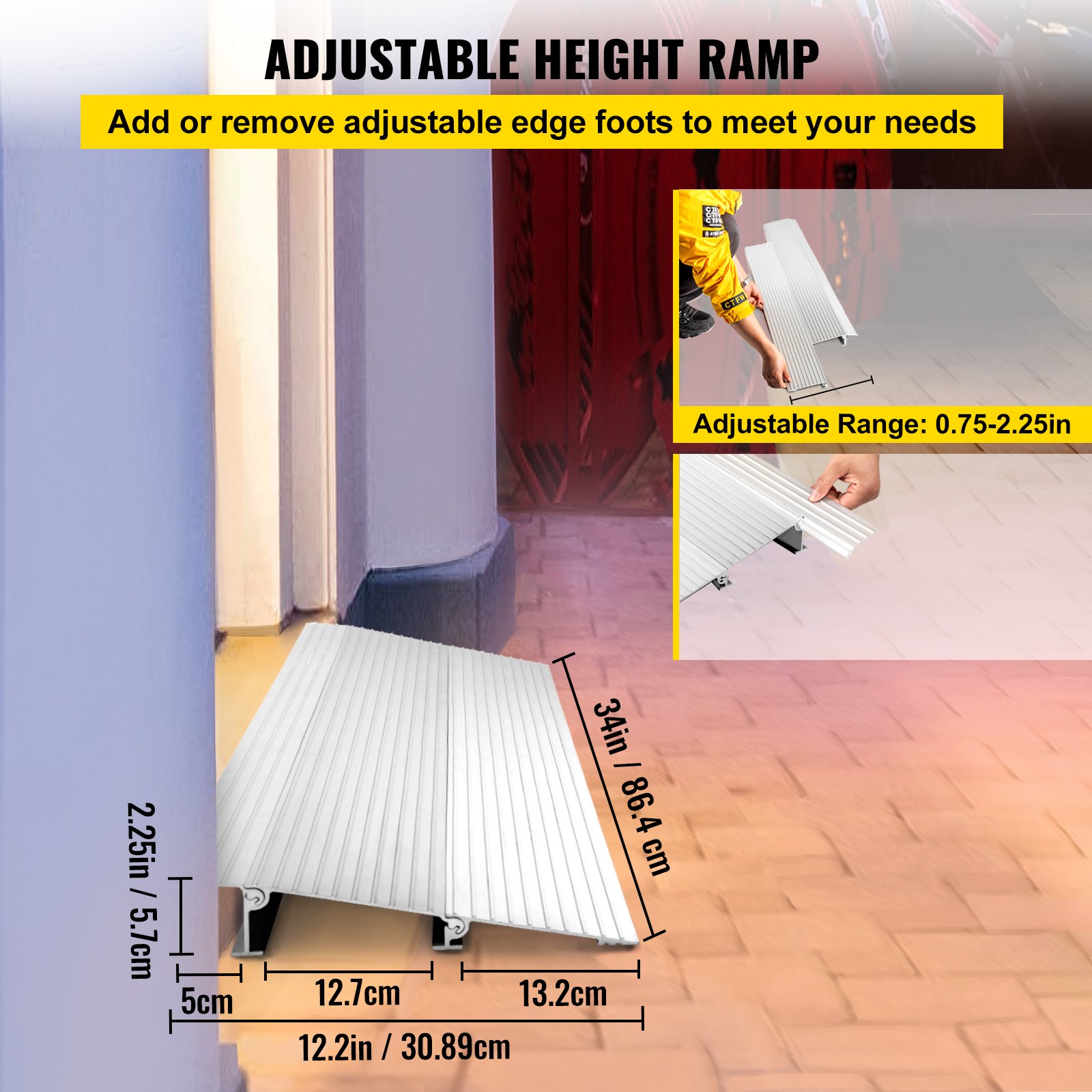 adjustable entry ramp with height range 0.75-2.25in for doorways. VEVOR transitions modular entry ramp.