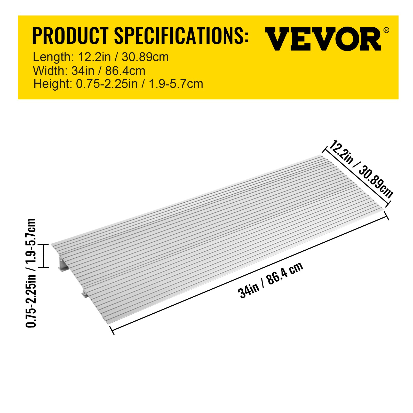 VEVOR transitions modular entry ramp with specs: 34in wide, 12.2in long, 0.75-2.25in high.