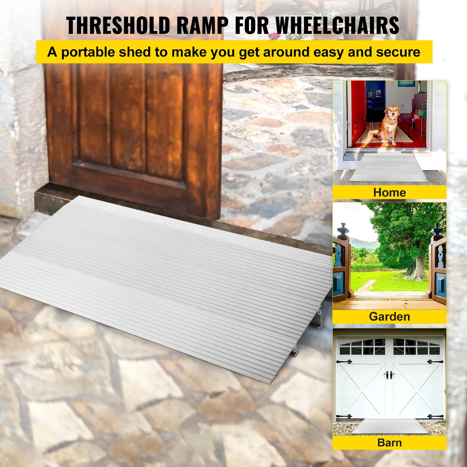 threshold ramp for wheelchairs by a wooden door. VEVOR entry ramp for easy access.