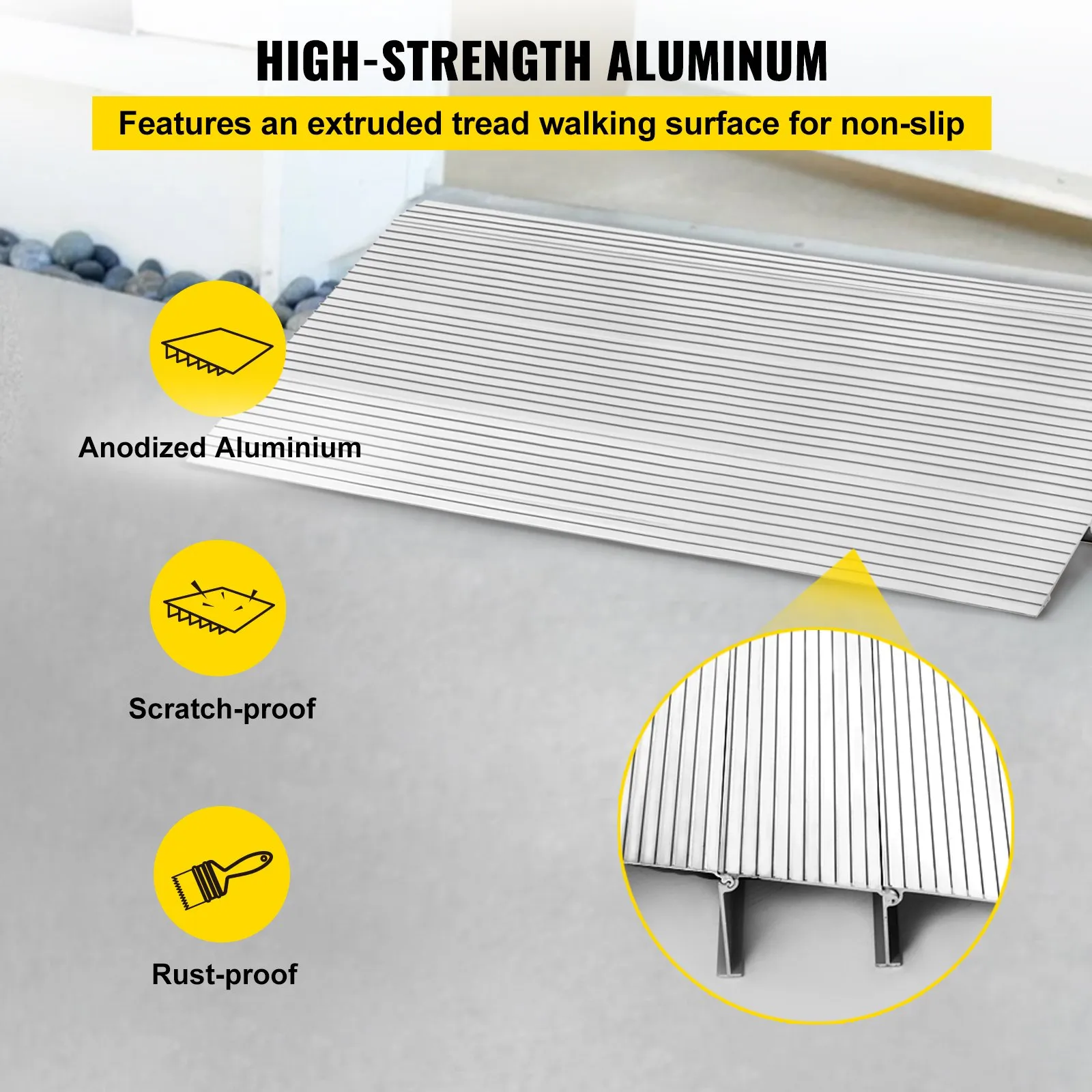 high-strength aluminum VEVOR entry ramp with non-slip tread, scratch-proof and rust-proof.
