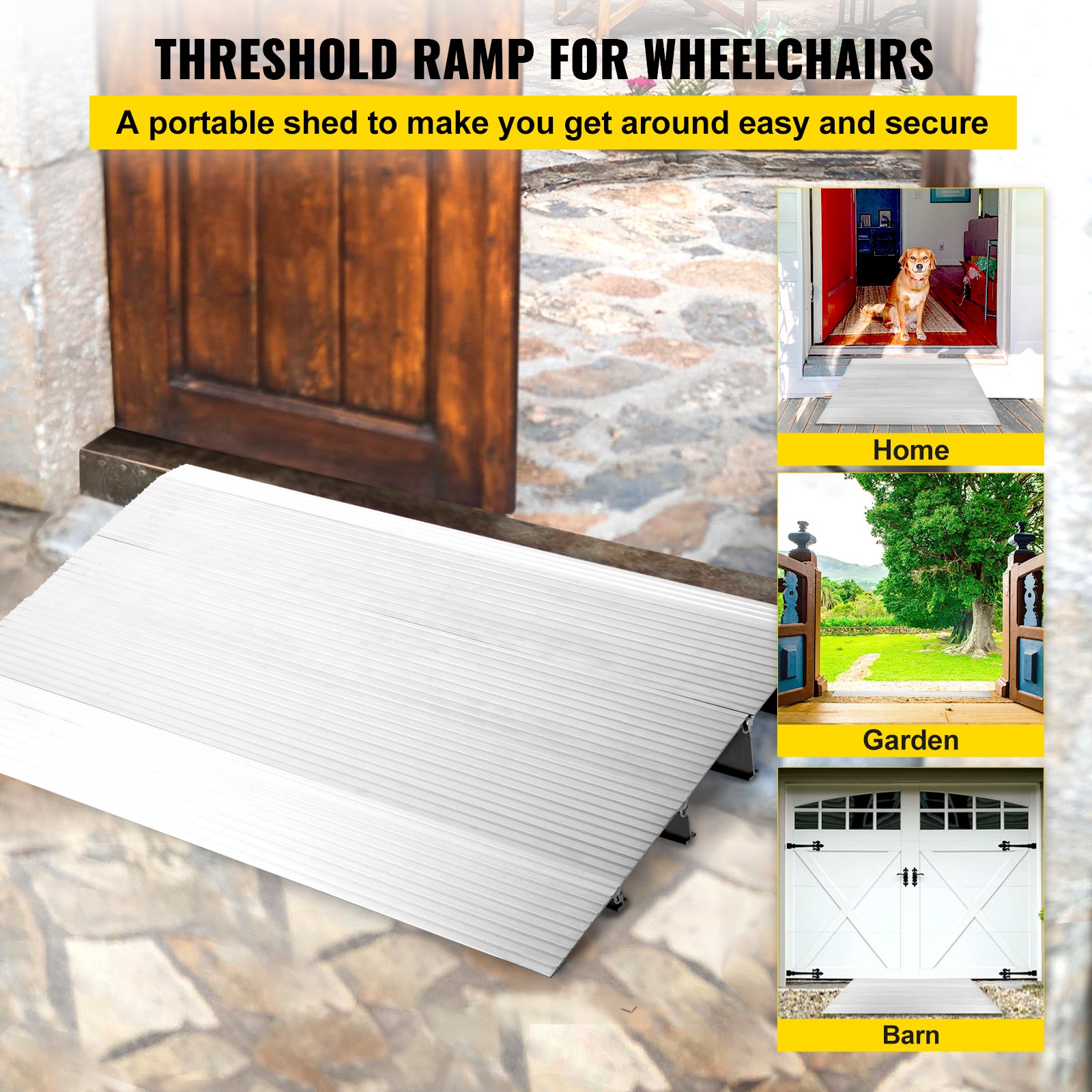 VEVOR entry ramp for wheelchairs at home, garden, and barn entrances.