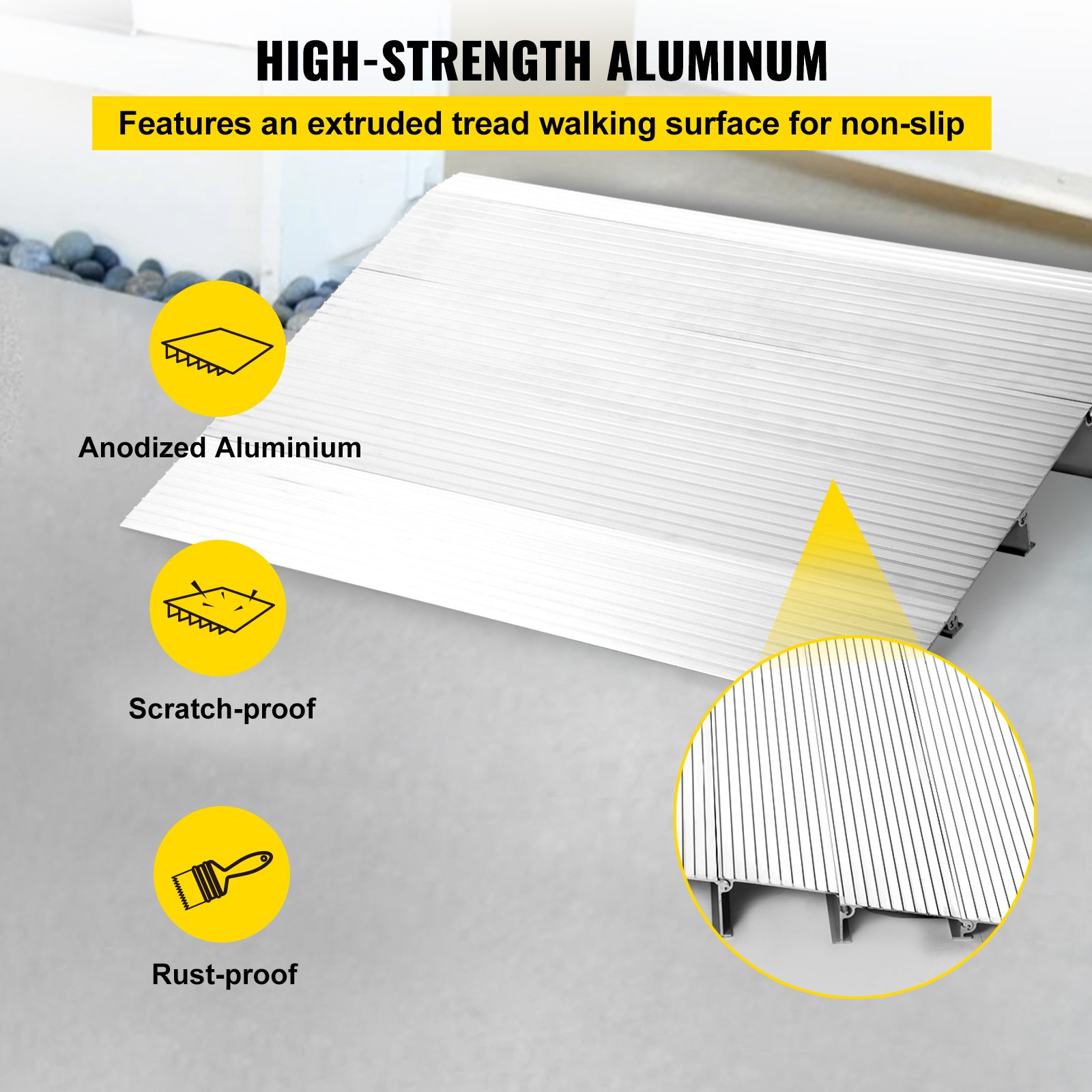 high-strength anodized aluminum ramp with non-slip surface, rust-proof VEVOR entry ramp.