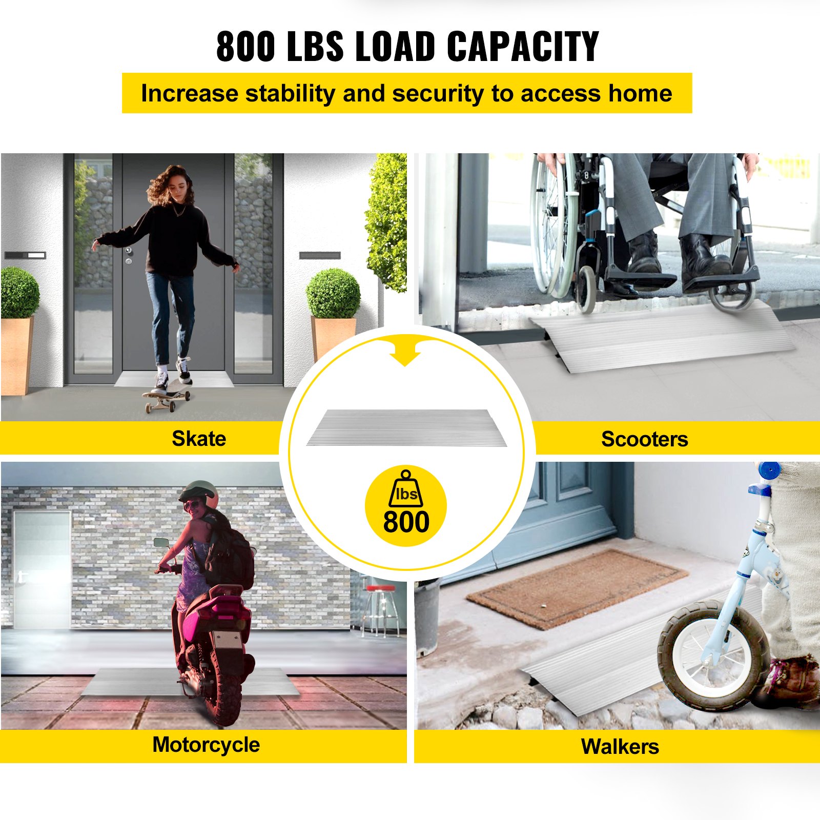 VEVOR entry ramp supports 800 lbs load, ideal for skate, scooters, motorcycle, and walkers.