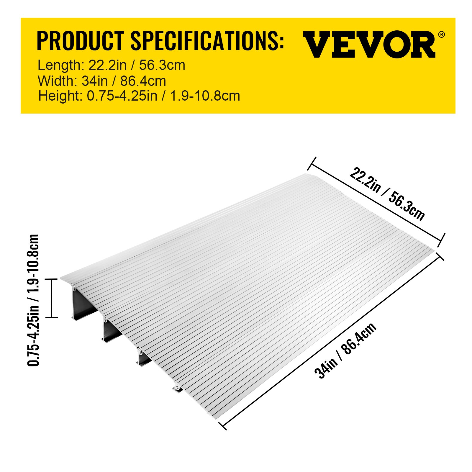 VEVOR entry ramp; dimensions: 22.2in x 34in x 0.75-4.25in.