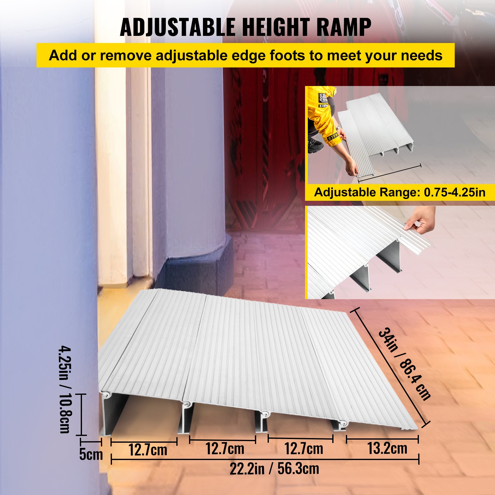 VEVOR Transitions Modular Entry Ramp, 4" Rise Door Threshold Ramp, Aluminum Threshold Ramp for Doorways Rated 800lbs Load Capacity, Adjustable Threshold Ramp for Wheelchair, Scooter, and Power Chair