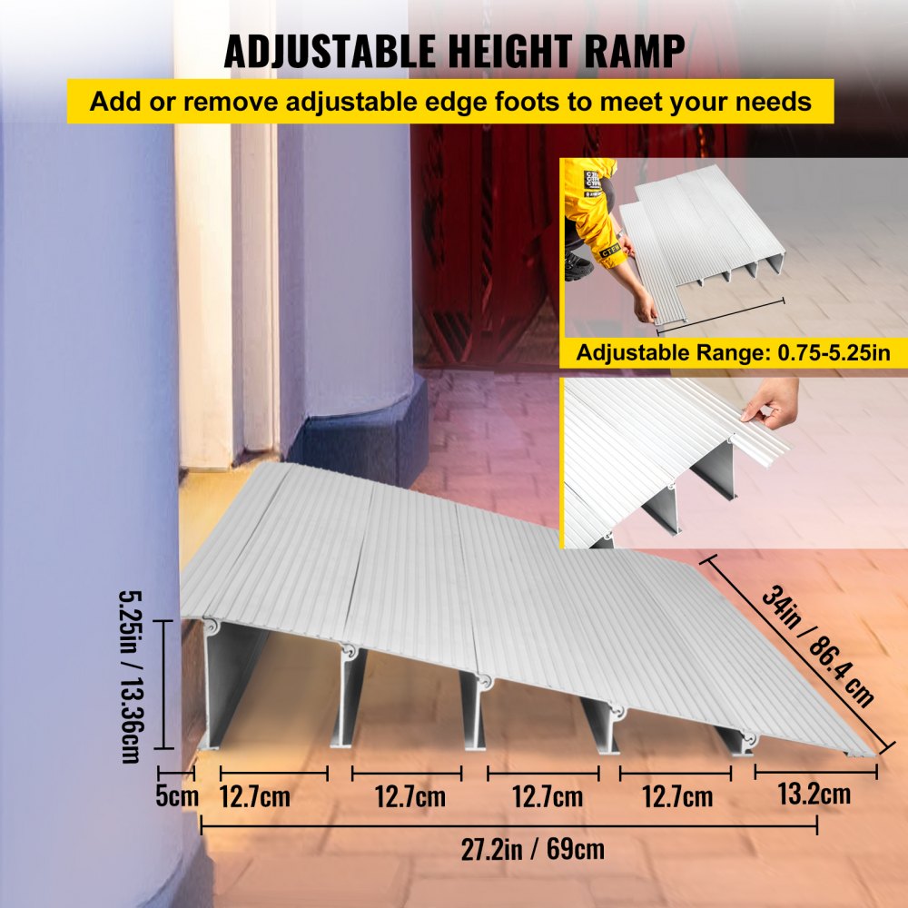 VEVOR Transitions Modular Entry Ramp, 5" Rise Door Threshold Ramp, Aluminum Threshold Ramp for Doorways Rated 800lbs Load Capacity, Adjustable Threshold Ramp for Wheelchair, Scooter, and Power Chair