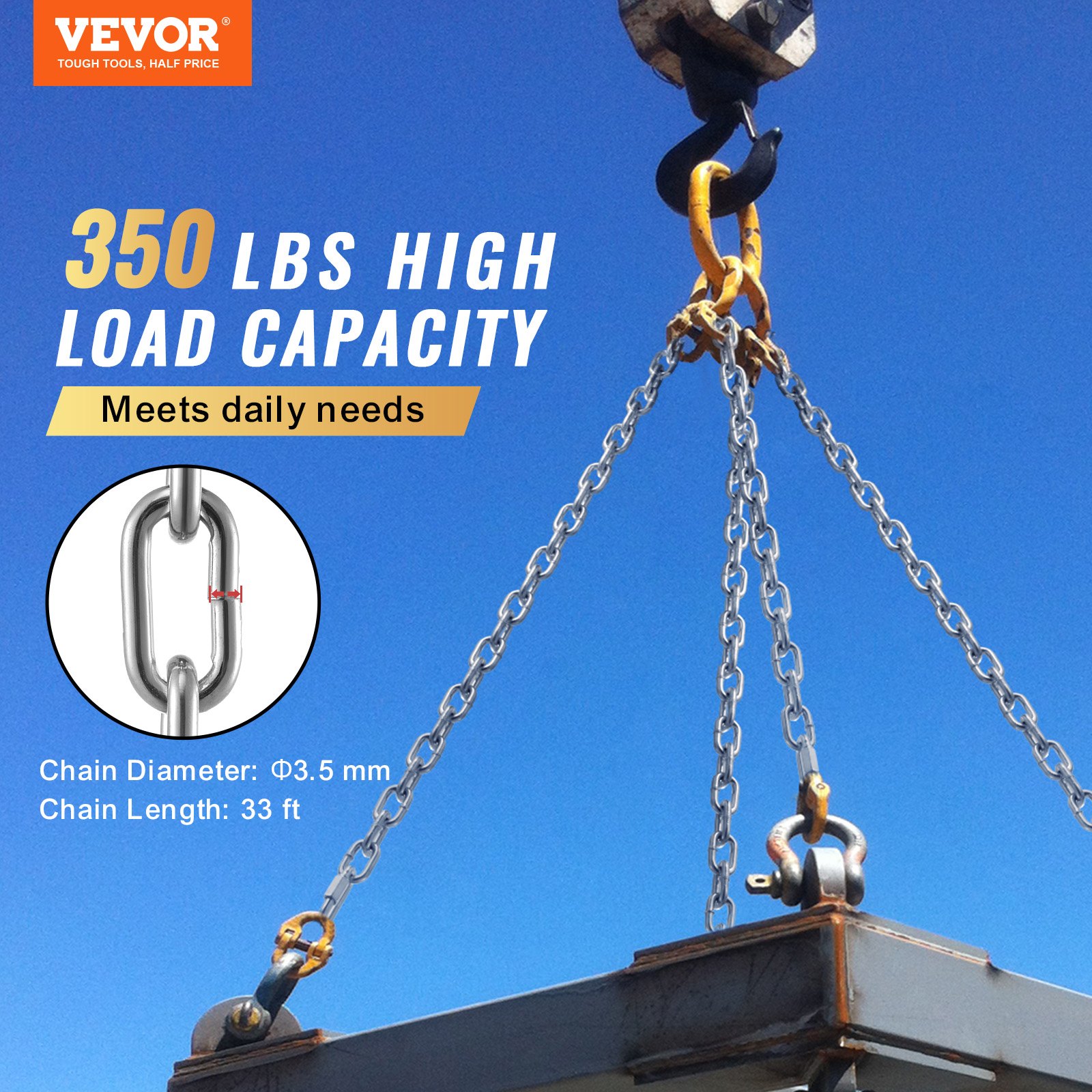 VEVOR Proof Coil Chain, 1/8" x 33', 350 lbs Safe Working Load, Zinc Plated Proof Tested Coil Chain with Two Quick Links, Galvanized Carbon Steel Link Chain for Towing, Hanging, Camping, Pet Towing