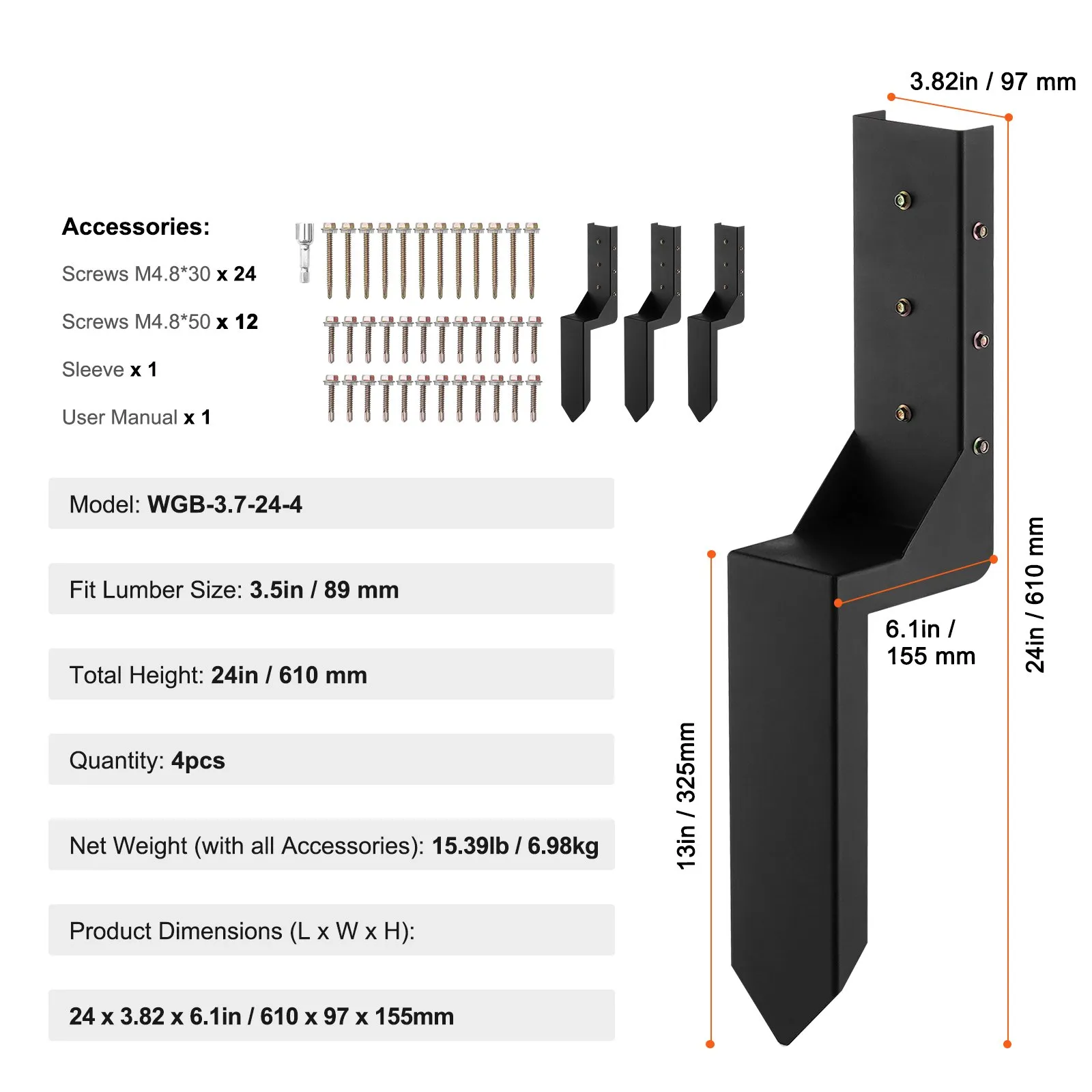 VEVOR fence post anchor kit with screws, sleeve, and dimensions: 24 x 3.82 x 6.1 inches. fits 3.5in lumber.
