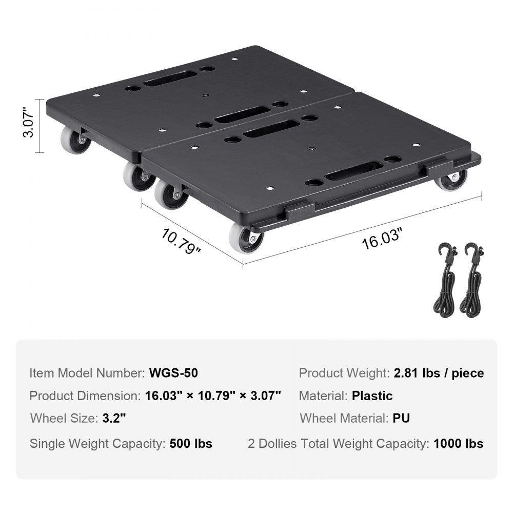 VEVOR furniture dolly dimensions and specs, showing black plastic platform and swivel wheels.