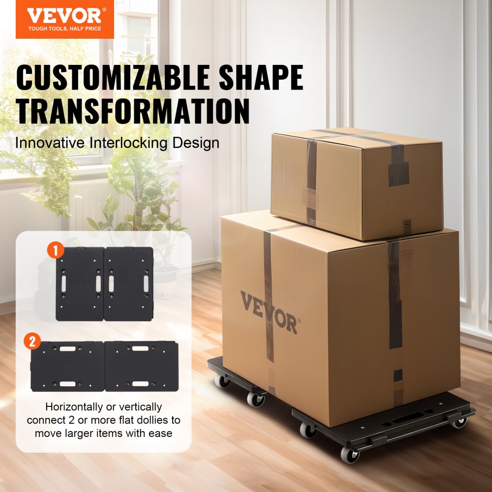 VEVOR Furniture Dolly, 227 kg Capacity Each Count, Furniture Mover with Wheels, Portable Moving Rollers 4 Wheels Heavy Duty, Small Flat Dolly Cart with Interlocking for Heavy Furniture, 2 Pack, Black